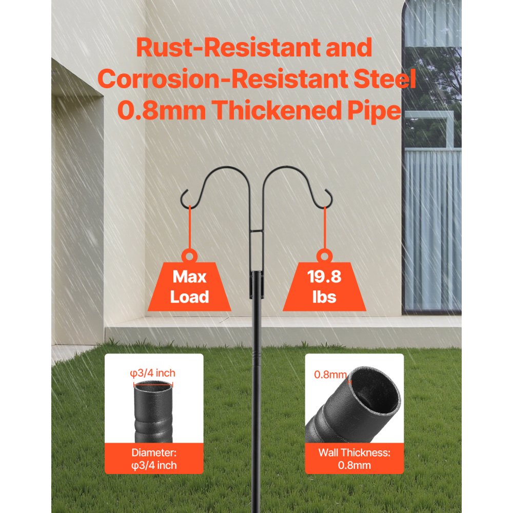 VEVOR Double Shepherds Hooks for Outdoor, 8 Pack 2345 mm Heavy Duty Bird Feeder Pole, 19 mm Thick Garden Hooks for Hanging Hummingbird Feeder, Plant Baskets, Solar Light Lanterns,Wind Chimes