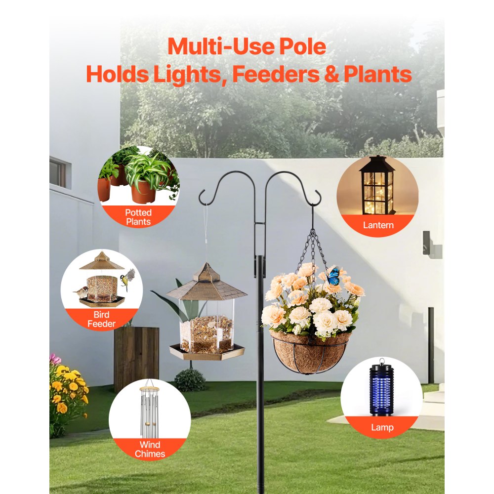 VEVOR Double Shepherds Hooks for Outdoor, 8 Pack 2345 mm Heavy Duty Bird Feeder Pole, 19 mm Thick Garden Hooks for Hanging Hummingbird Feeder, Plant Baskets, Solar Light Lanterns,Wind Chimes