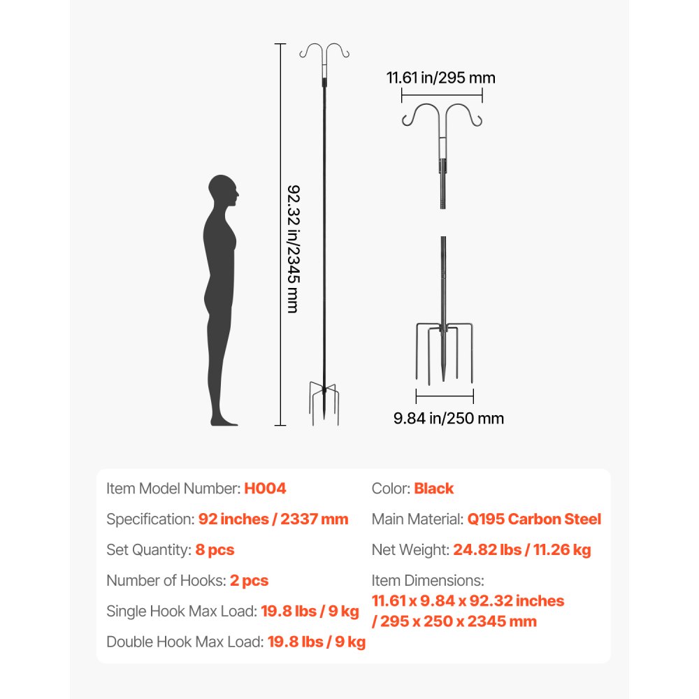 VEVOR Double Shepherds Hooks for Outdoor, 8 Pack 2345 mm Heavy Duty Bird Feeder Pole, 19 mm Thick Garden Hooks for Hanging Hummingbird Feeder, Plant Baskets, Solar Light Lanterns,Wind Chimes