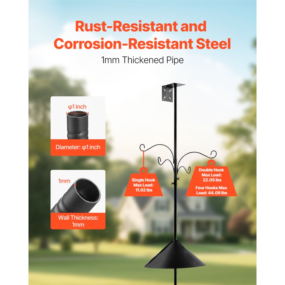 VEVOR 4-Hook Wild Bird Feeder Stand Pole, 2370 mm Bird Feeding Station Kit, 25 mm Diameter Bird House Hanging Hooks with Squirrel Guard Baffle, Heavy Duty Multi-Feeder Stand Easy to Install