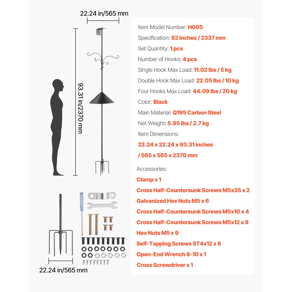 VEVOR 4-Hook Wild Bird Feeder Stand Pole, 2370 mm Bird Feeding Station Kit, 25 mm Diameter Bird House Hanging Hooks with Squirrel Guard Baffle, Heavy Duty Multi-Feeder Stand Easy to Install