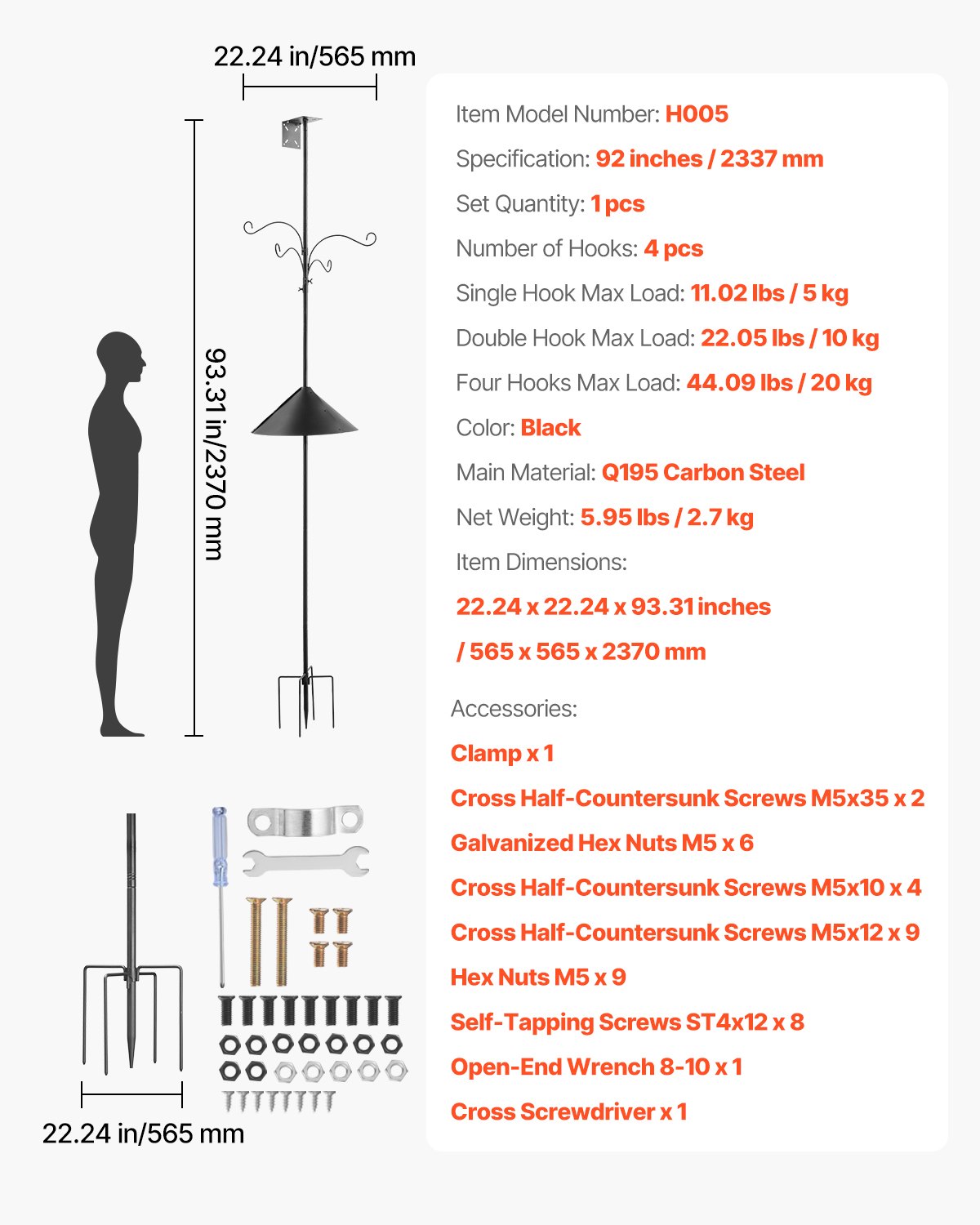VEVOR 4-Hook Wild Bird Feeder Stand Pole, 2370 mm Bird Feeding Station Kit, 25 mm Diameter Bird House Hanging Hooks with Squirrel Guard Baffle, Heavy Duty Multi-Feeder Stand Easy to Install