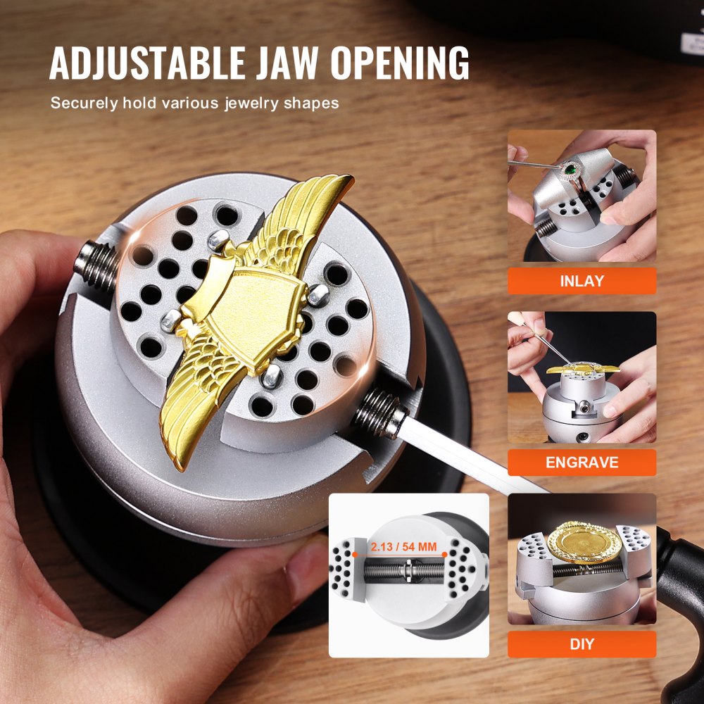 adjustable VEVOR ball vise for jewelry inlay, engraving, and diy, shown holding a gold piece securely.