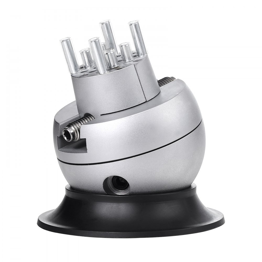 silver VEVOR ball vise with multiple adjustable attachments on a black base.