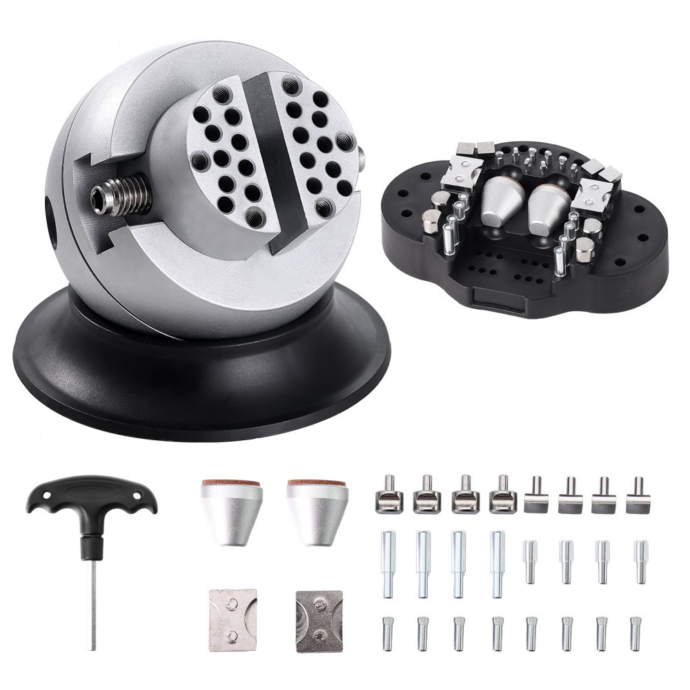 VEVOR ball vise with attachment and accessory set including screws, brackets, and key wrench.