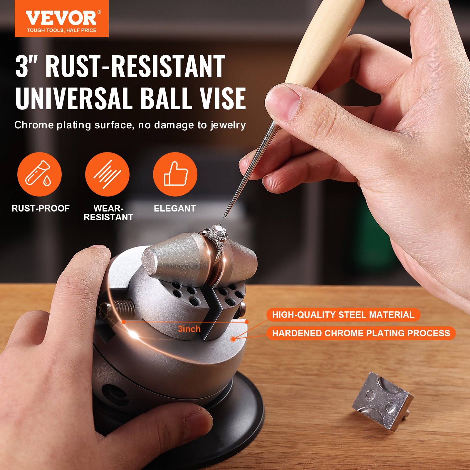 VEVOR ball vise displaying rust-resistant, wear-resistant ball vise on a wooden table with a tool.