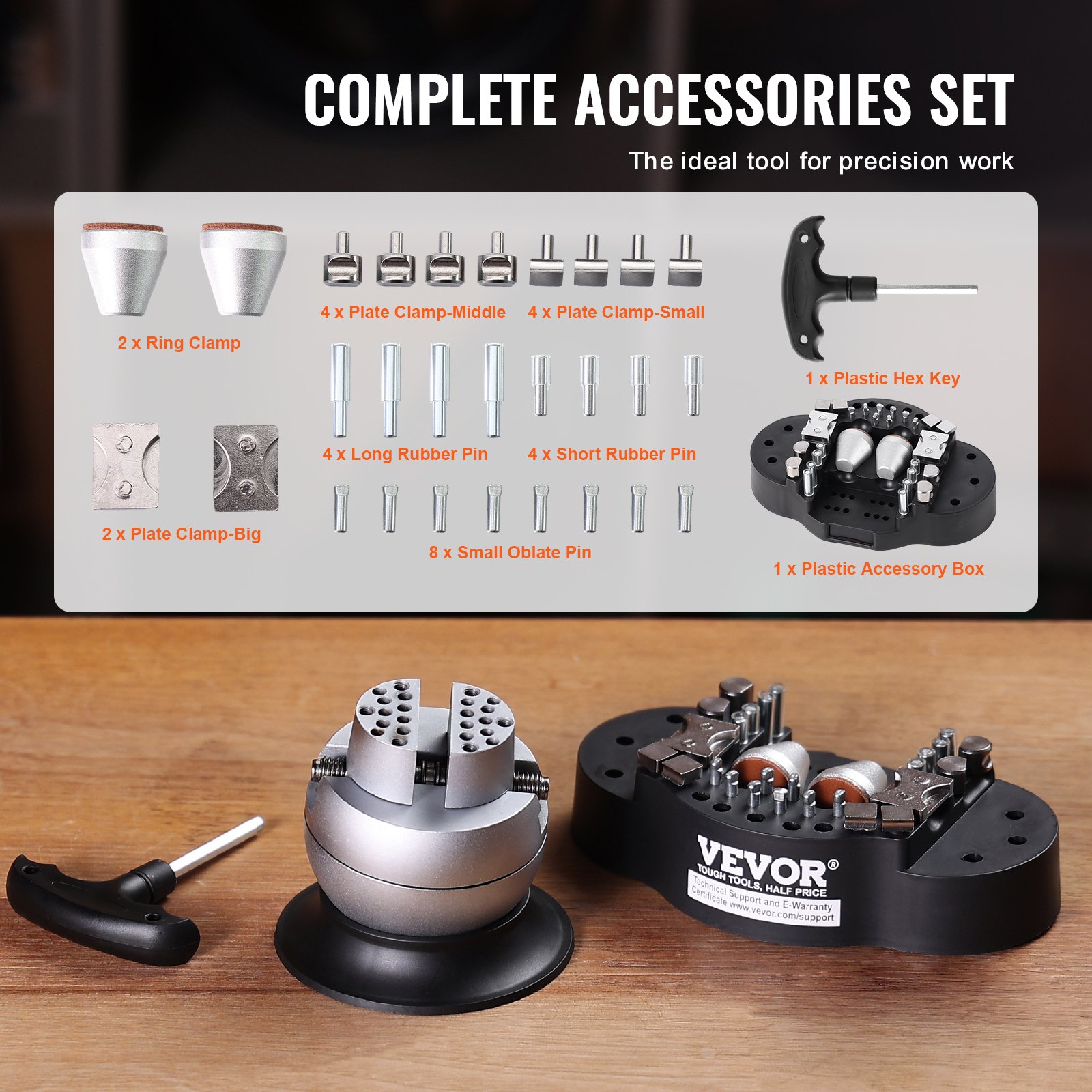 VEVOR ball vise with complete accessories set, ring clamps, plate clamps, rubber pins, hex key, and box.