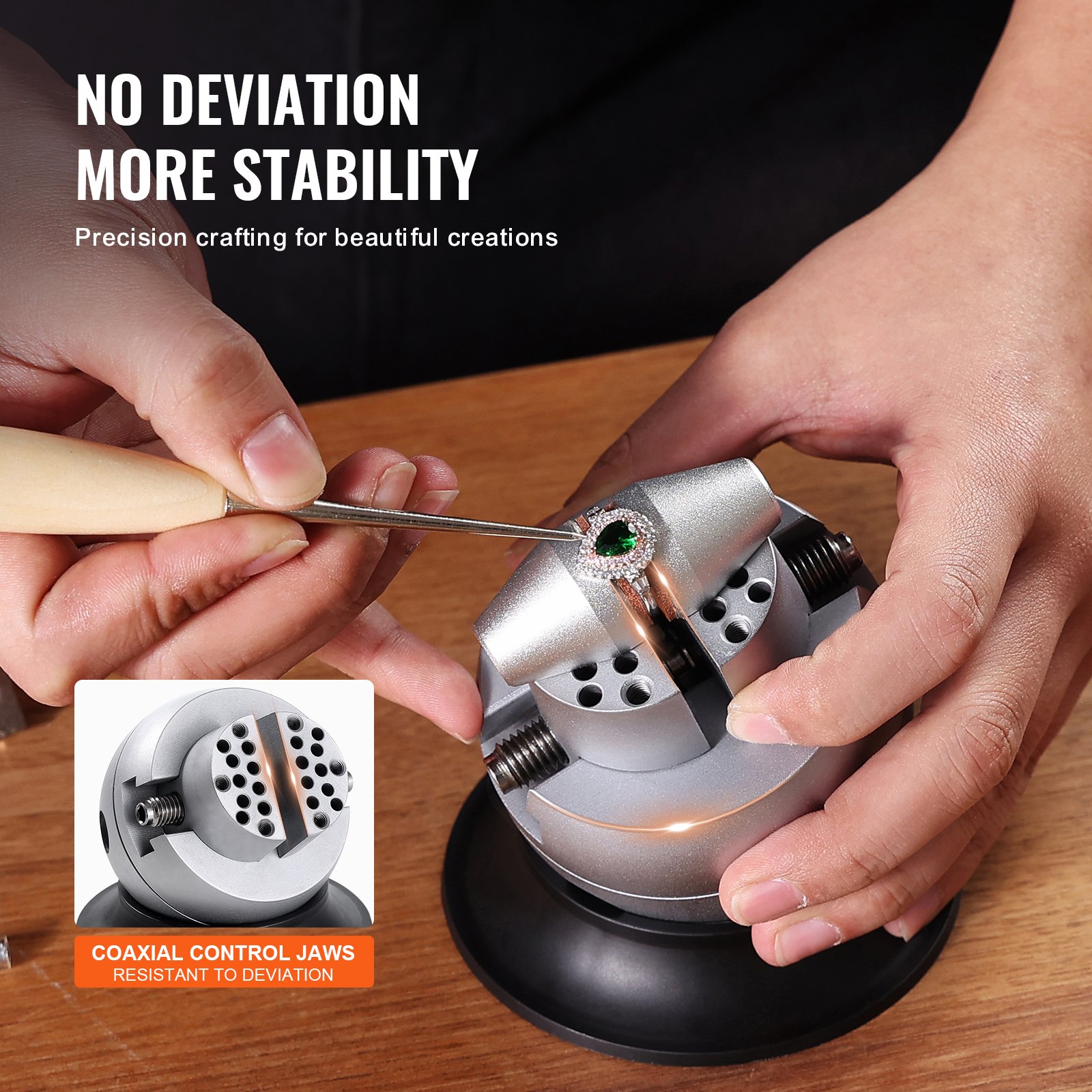 hands using VEVOR ball vise for precise jewelry crafting with coaxial control jaws for stable creation.