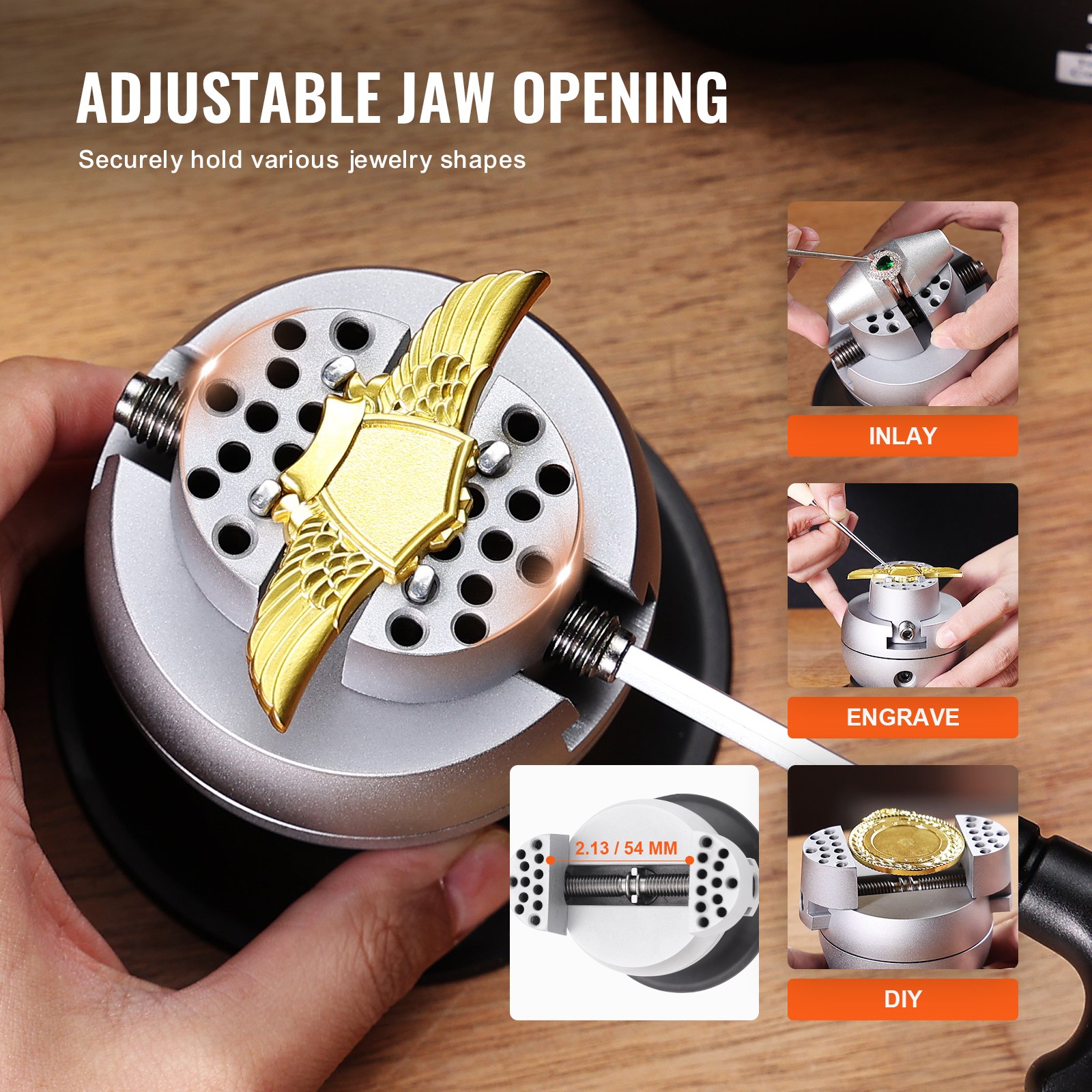 adjustable VEVOR ball vise for jewelry inlay, engraving, and diy, shown holding a gold piece securely.
