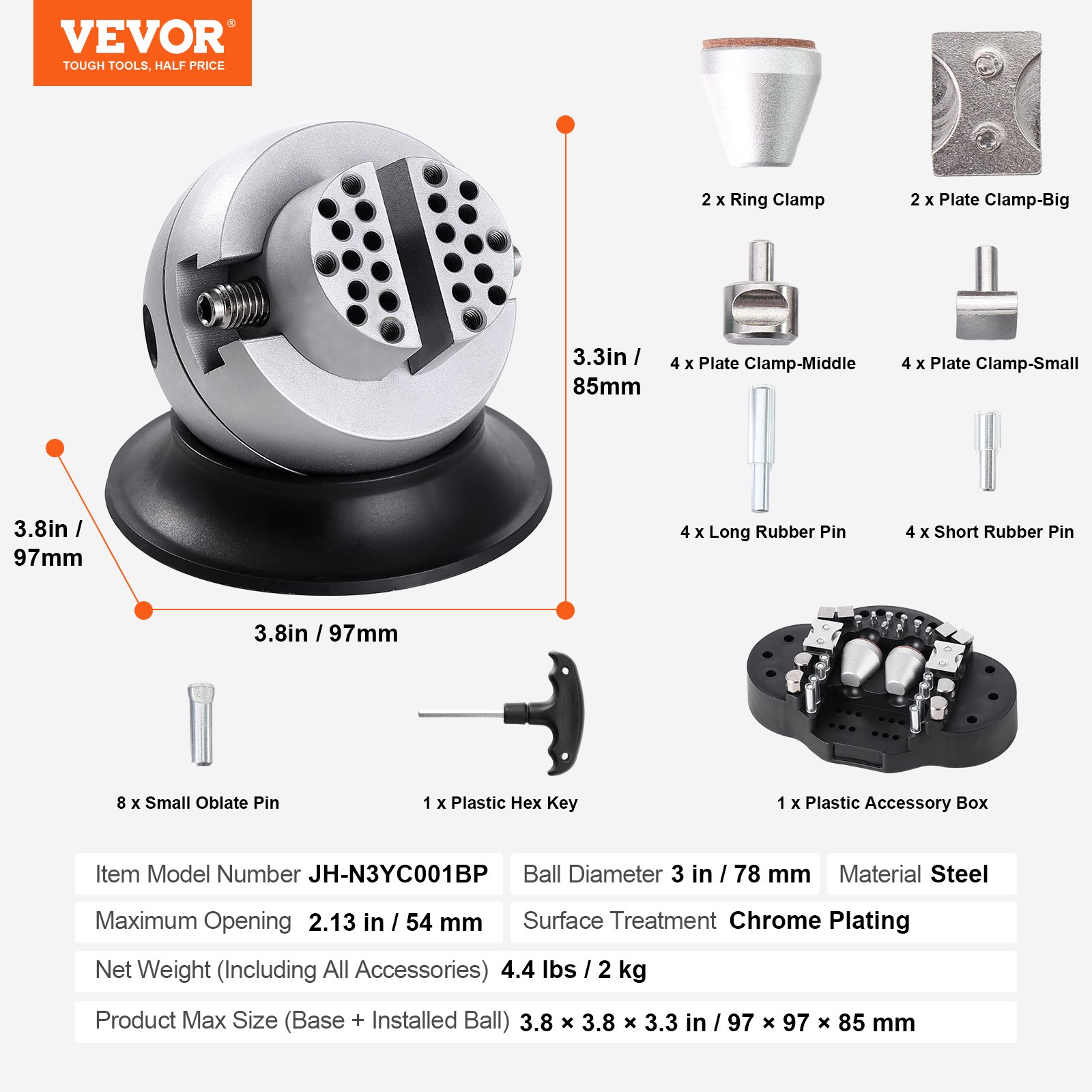 VEVOR ball vise with accessories, dimensions, steel material, and chrome plating surface treatment.