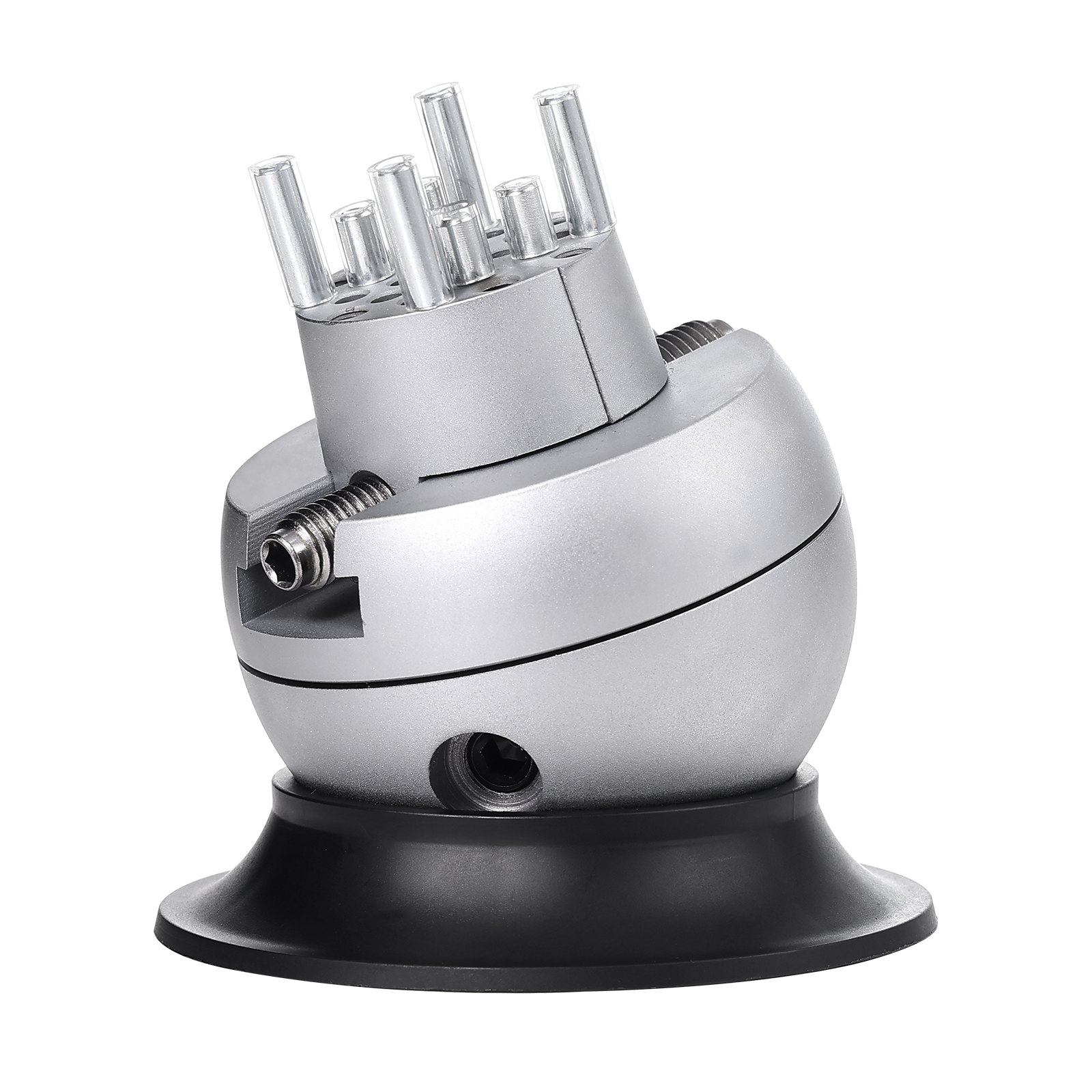 silver VEVOR ball vise with multiple adjustable attachments on a black base.