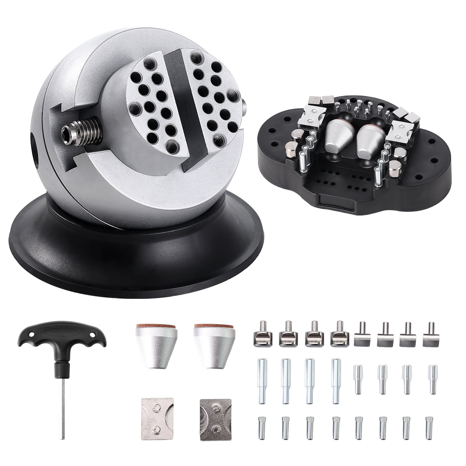VEVOR ball vise with attachment and accessory set including screws, brackets, and key wrench.