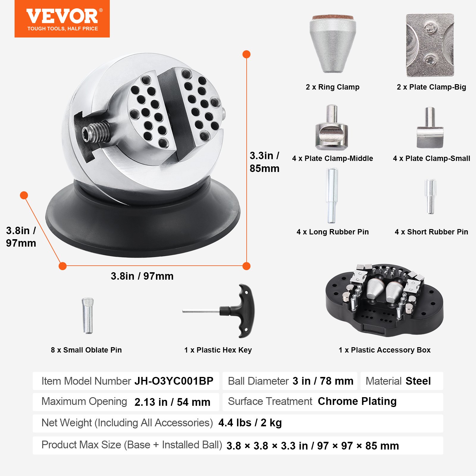 VEVOR Ball Vise 3" Engraving Setting Tool 360°Rotation Professional Ball Vise 30 PCS Attachment Jewelry Engraving Block Tools Standard Block (3inch)