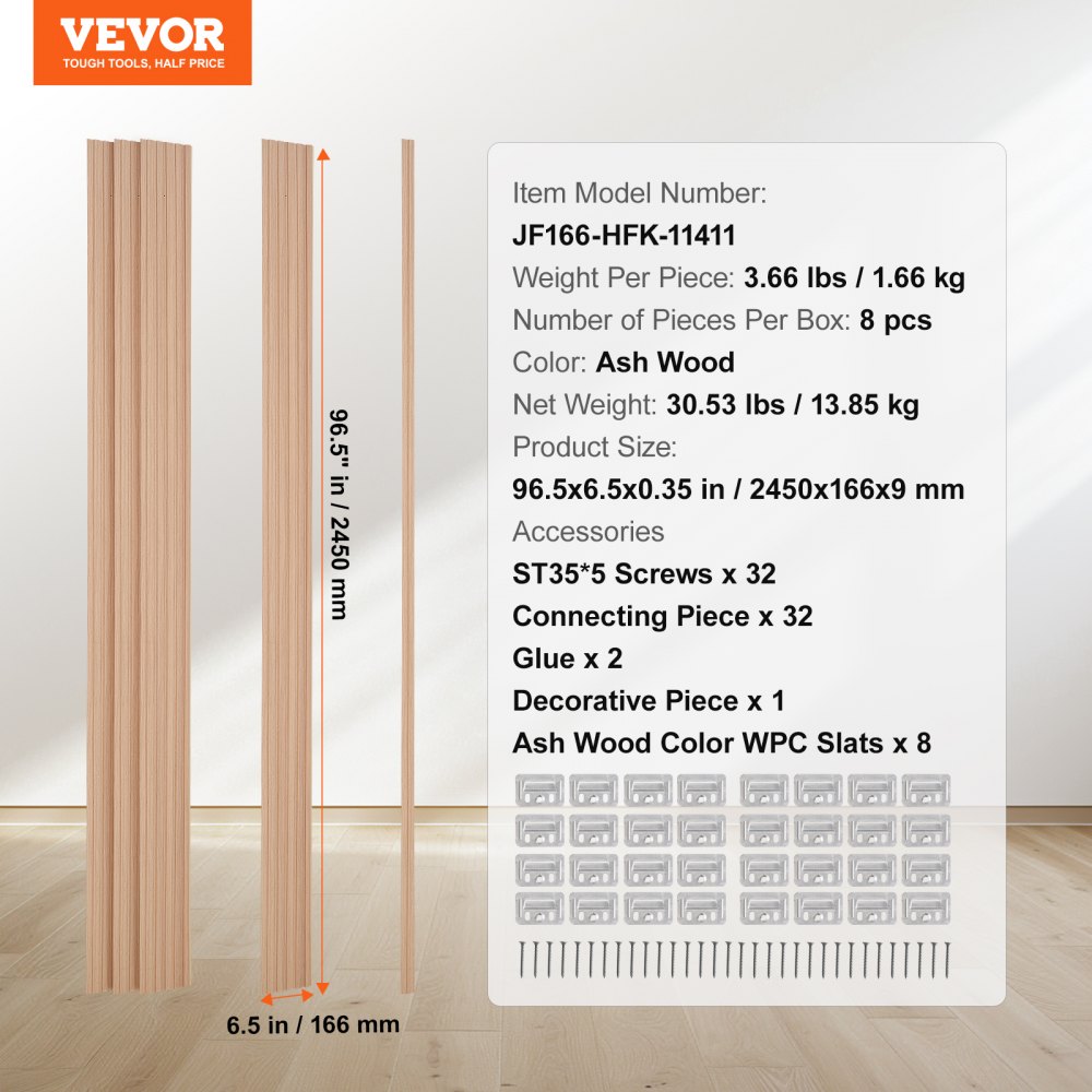VEVOR Wood Slat Acoustic Panels, 8 PCS 96 x 6 inch, WPC Accent Wooden Wall Panels for Modern Interior Wall, Faux Wood Wall Board Panels for Stylish Decor and Noise Reduction, Ash Wood
