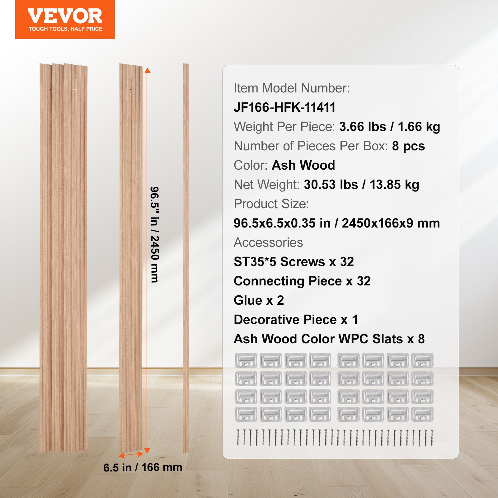 VEVOR Wood Slat Acoustic Panels, 8 PCS 96 x 6 inch, WPC Accent Wooden Wall Panels for Modern Interior Wall, Faux Wood Wall Board Panels for Stylish Decor and Noise Reduction, Ash Wood