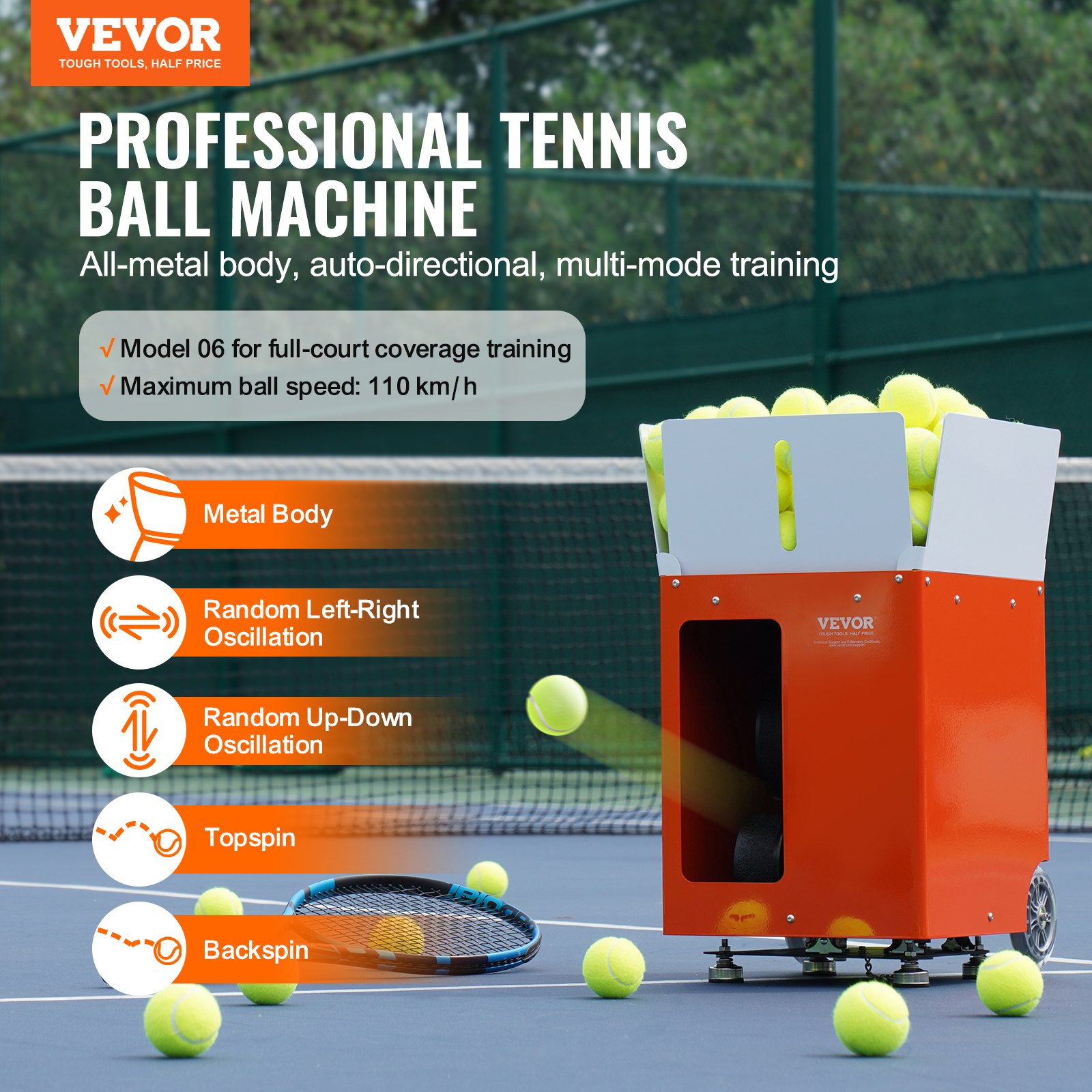 Lanzapelotas de tenis VEVOR, lanzador automático portátil de pelotas de tenis, con capacidad para 100 pelotas, ejercicios multimodo con 5 motores, más de 2 horas de juego, batería recargable, control remoto por aplicación.