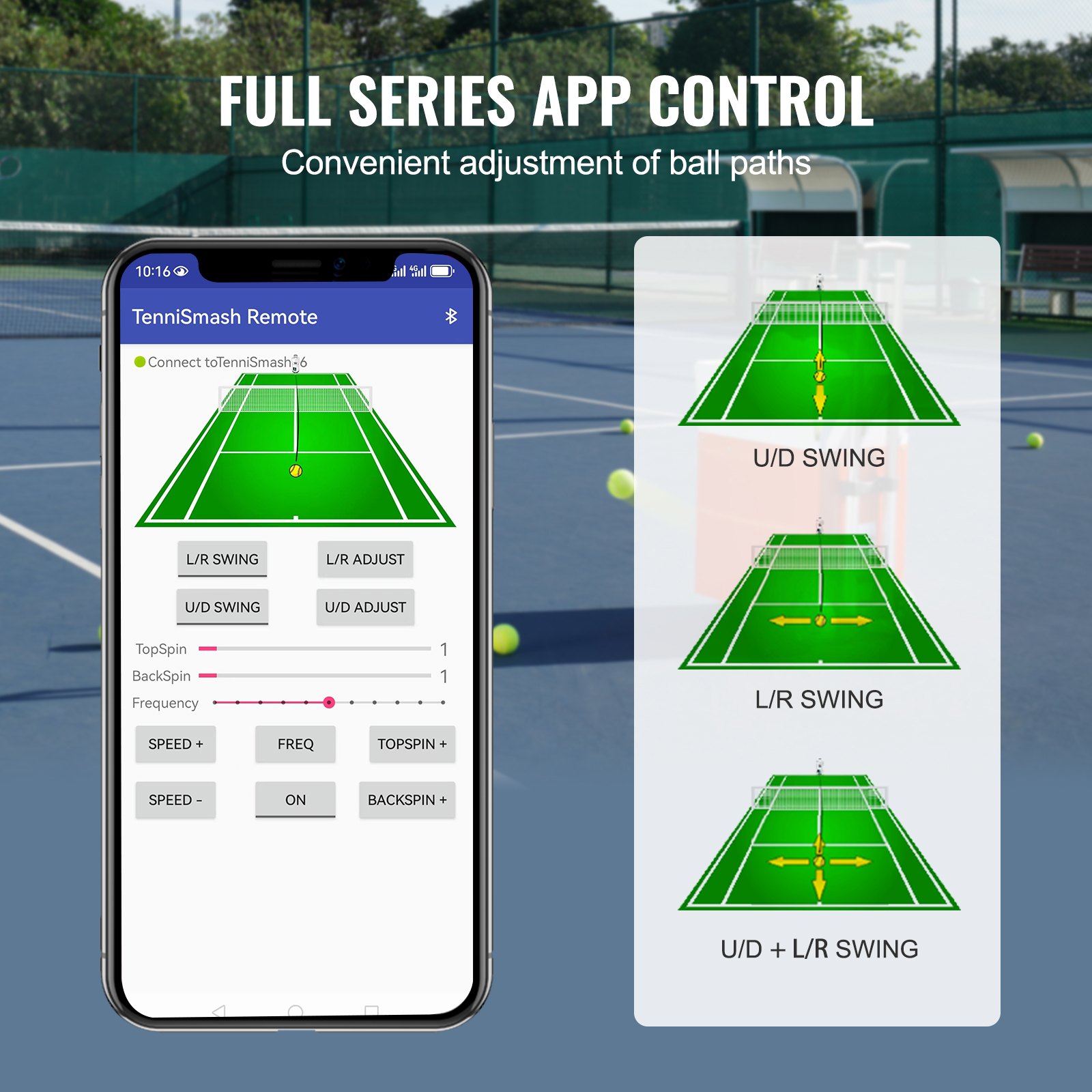 Lanzapelotas de tenis VEVOR, lanzador automático portátil de pelotas de tenis, con capacidad para 100 pelotas, ejercicios multimodo con 5 motores, más de 2 horas de juego, batería recargable, control remoto por aplicación.