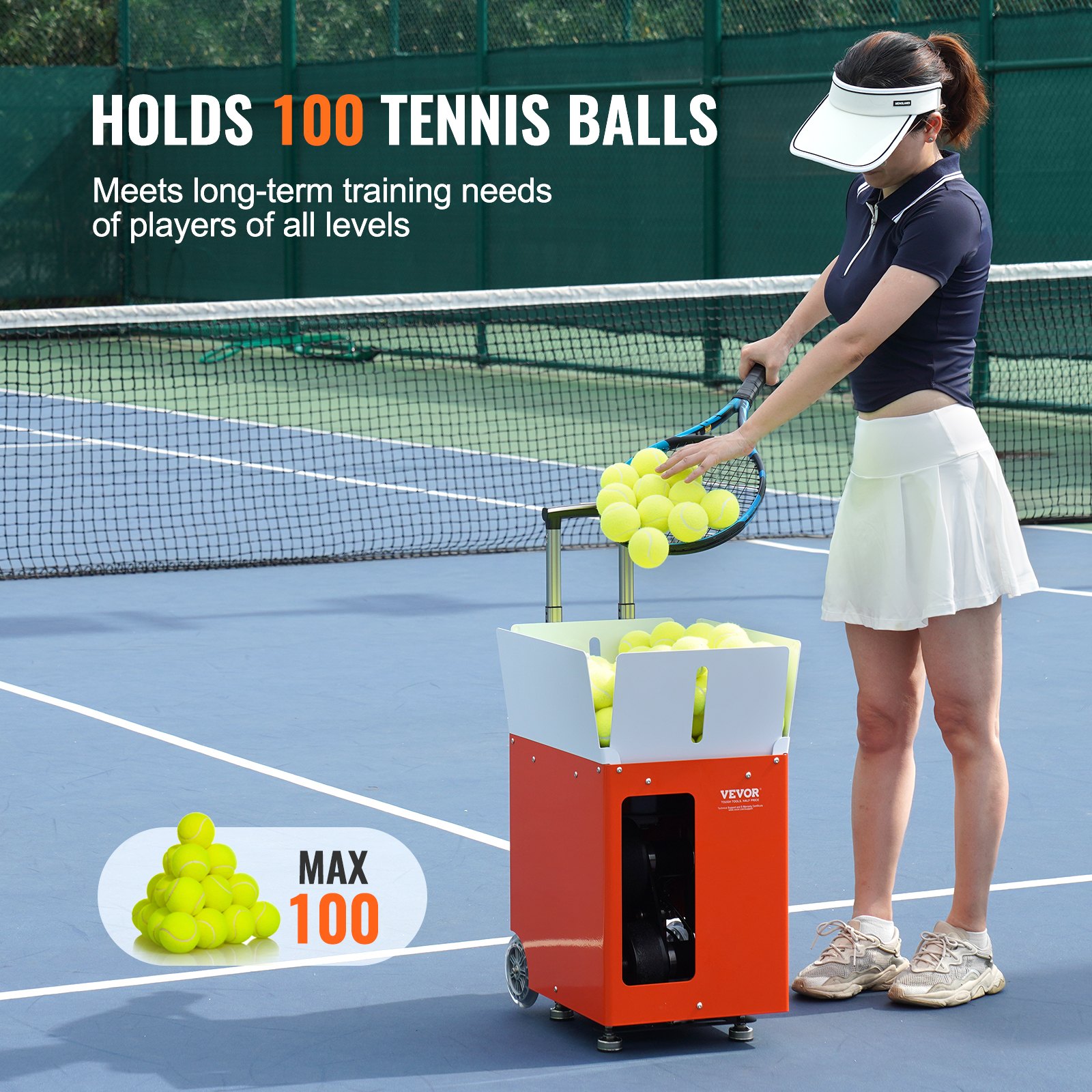 Lanzapelotas de tenis VEVOR, lanzador automático portátil de pelotas de tenis, con capacidad para 100 pelotas, ejercicios multimodo con 5 motores, más de 2 horas de juego, batería recargable, control remoto por aplicación.