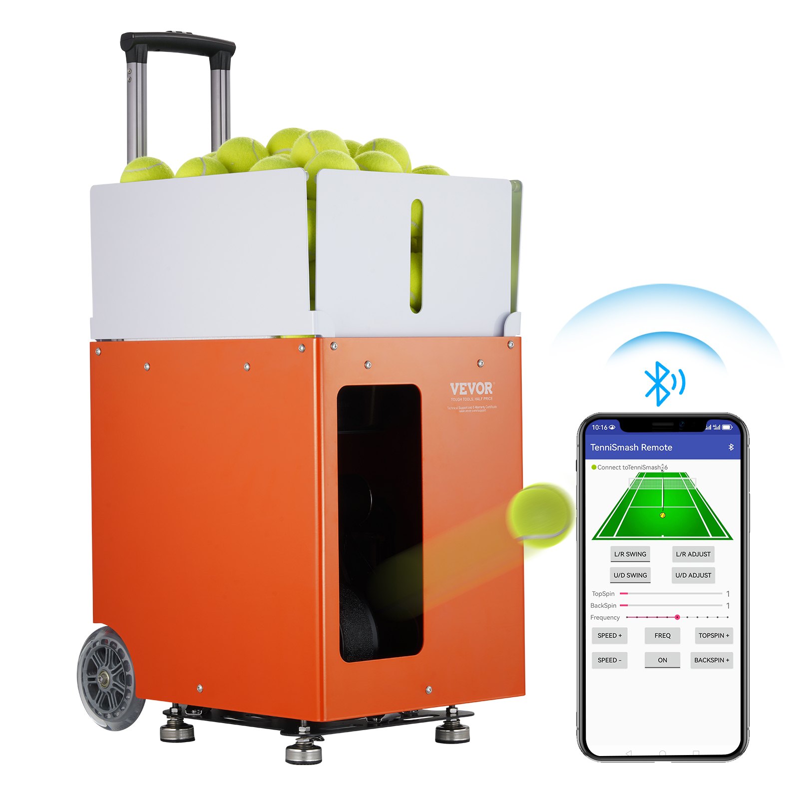 Lanzapelotas de tenis VEVOR, lanzador automático portátil de pelotas de tenis, con capacidad para 100 pelotas, ejercicios multimodo con 5 motores, más de 2 horas de juego, batería recargable, control remoto por aplicación.