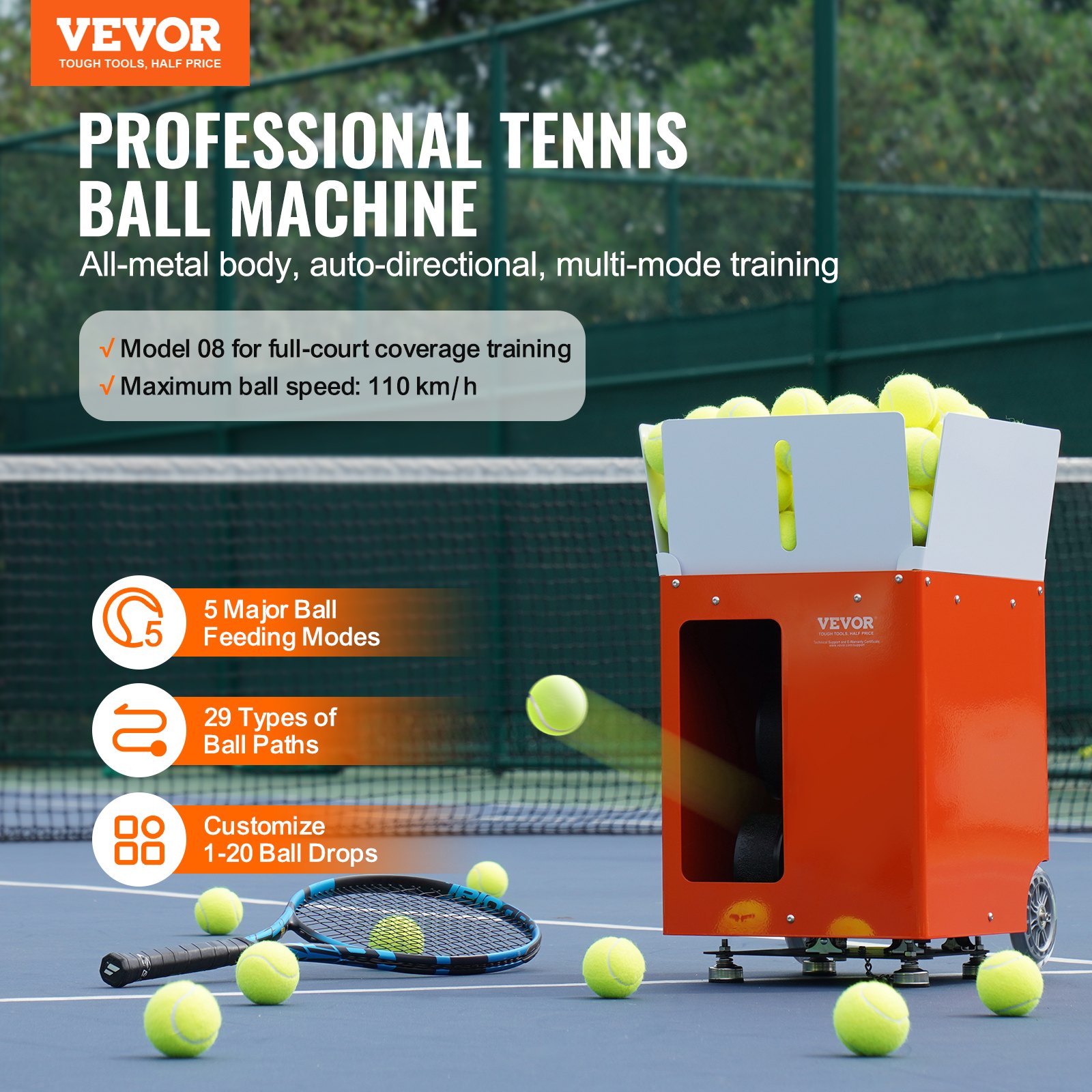Máquina lanzapelotas de tenis VEVOR, lanzador automático portátil de pelotas de tenis, lanzador de 100 pelotas para entrenamiento de tenis, ejercicios multimodo con 5 motores, más de 2 horas de juego, batería recargable, control remoto por aplicación