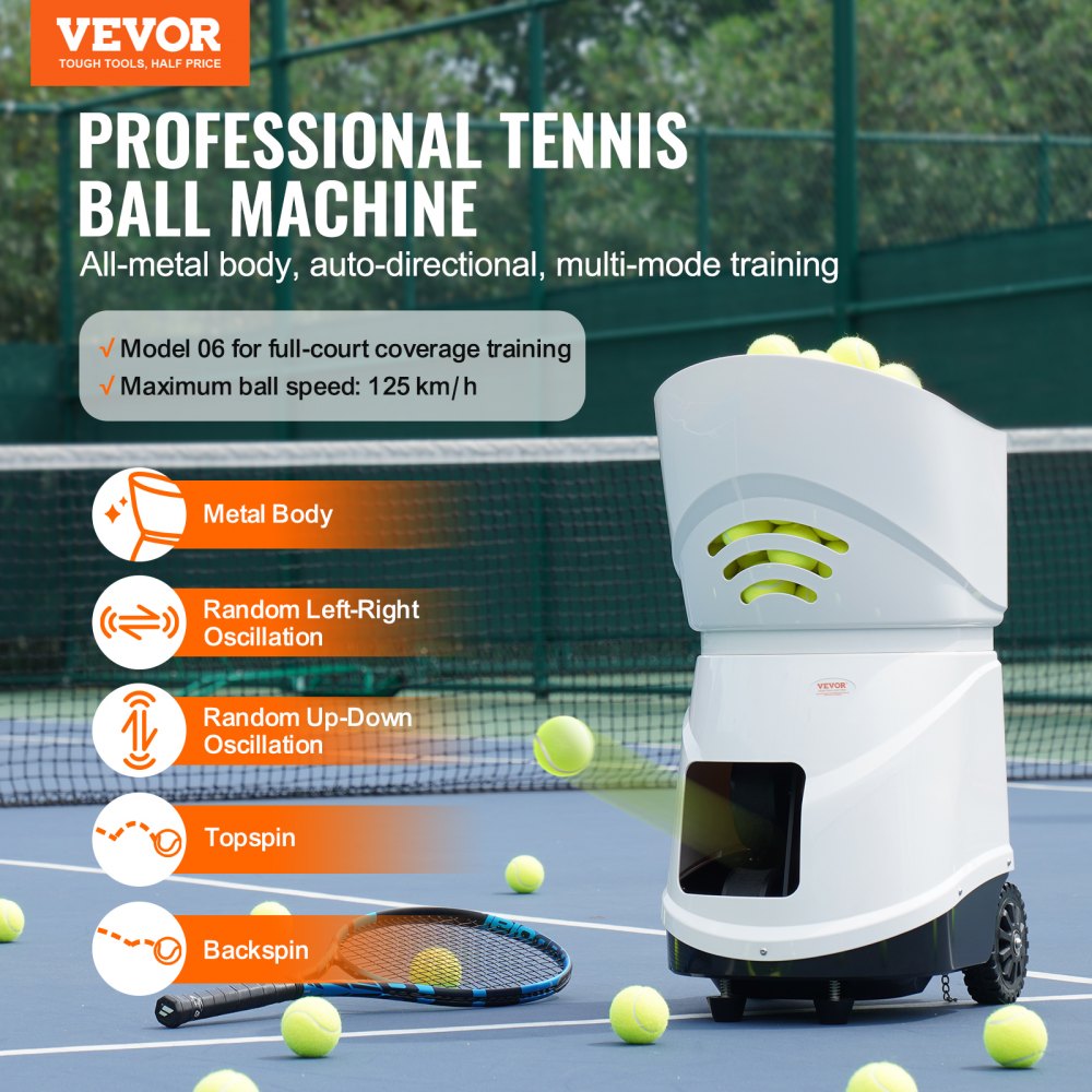 VEVOR Tennis Ball Machine, Automatic Portable Tennis Ball Launcher, 150 Balls Tennis Training Practice Thrower, 5 Motors Multi-Mode Drills, 2+ Hours Play, Rechargeable Battery, App Remote Control