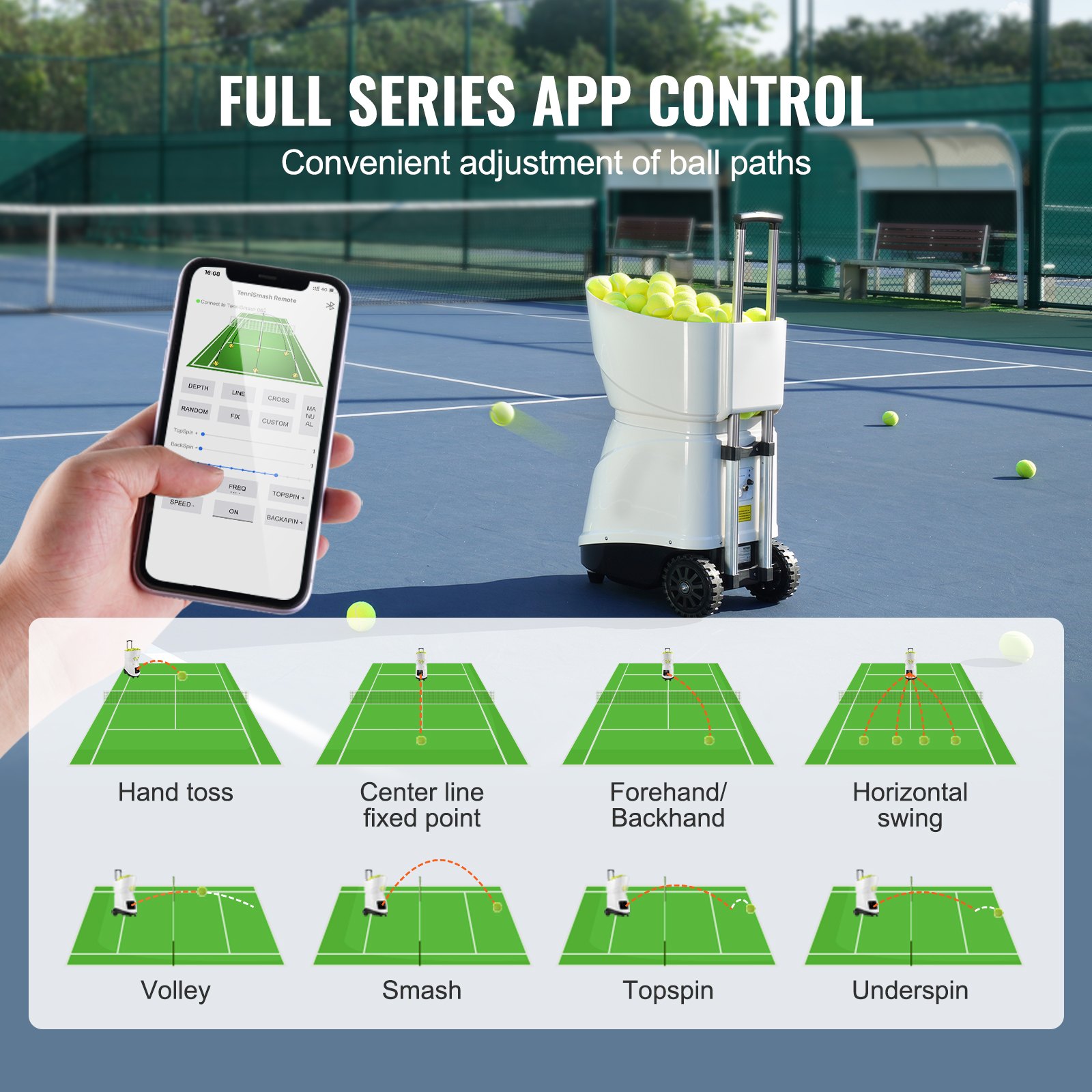 VEVOR Tennis Ball Machine, Automatic Portable Tennis Ball Launcher, 150 Balls Tennis Training Practice Thrower, 5 Motors Multi-Mode Drills, 2+ Hours Play, Rechargeable Battery, App Remote Control