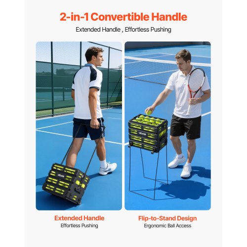 VEVOR Panier à Balles de Tennis, Capacité de 80 Balles, Panier Ramasse-Balles Portable avec roulettes, Chariot de Rangement pour Entraînement et Transport de Tennis et Pickleball, Poignée Convertible