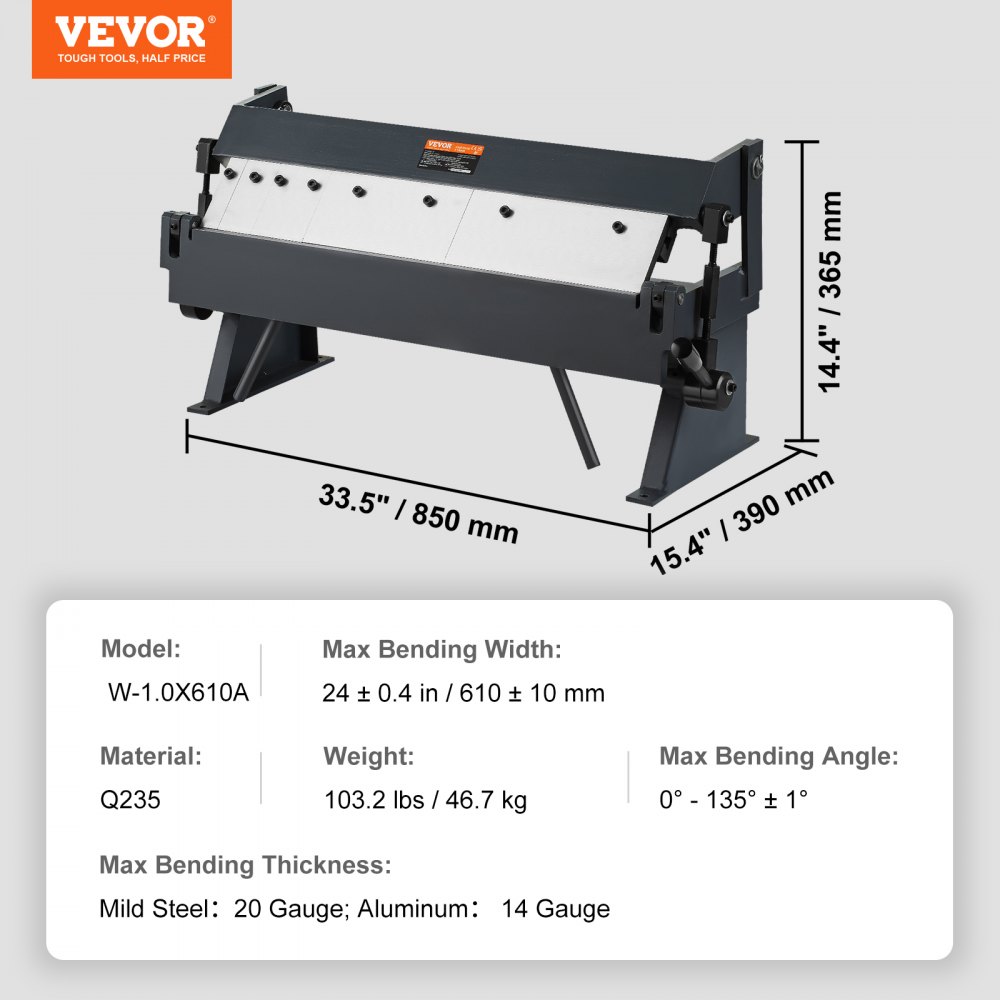 VEVOR Box and Pan Brake, 24-Inch, 0-130 Degrees Sheet Metal Bending Brake, Portable Metal Bender with 20 Gauge Low Carbon Steel 14 Gauge Aluminum Capacity, 5 Adjustable Fingers for Metal Bending