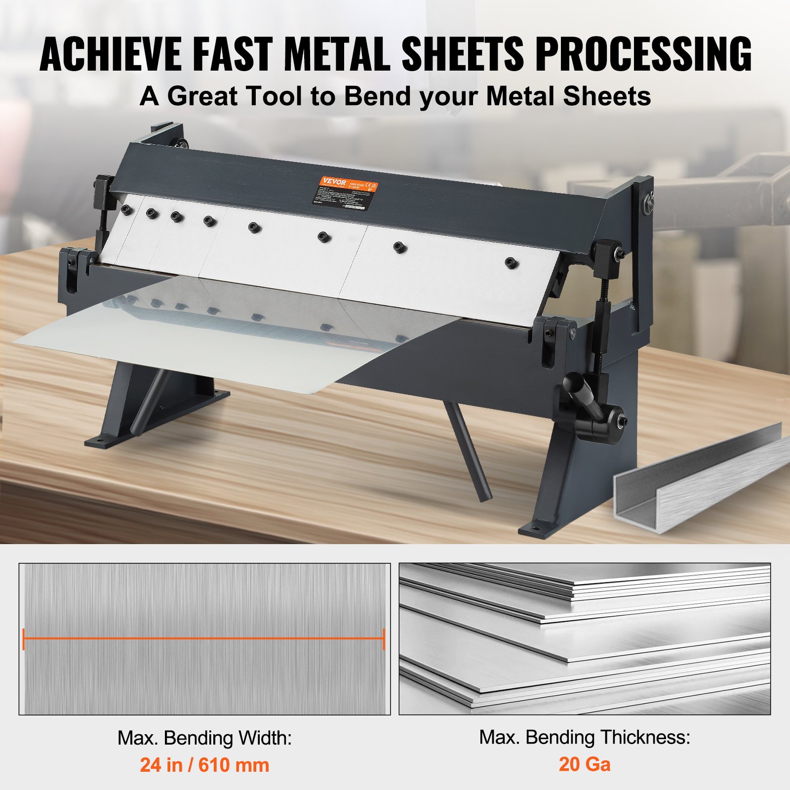 VEVOR Box and Pan Brake, 24-Inch, 0-130 Degrees Sheet Metal Bending Brake, Portable Metal Bender with 20 Gauge Low Carbon Steel 14 Gauge Aluminum Capacity, 5 Adjustable Fingers for Metal Bending
