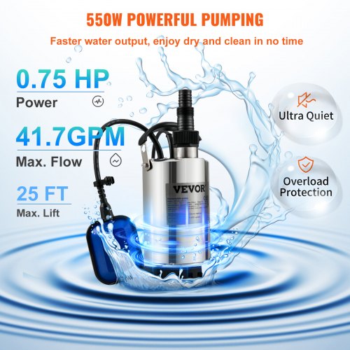 VEVOR Submersible Water Pump, 550W 9500L/H, w/ 10 m Cord and Automatic Tethered Float Switch, Portable Stainless Steel for Clean, Empty Flooded Area, Swimming Pools, Hot Tubs, for Irrigation