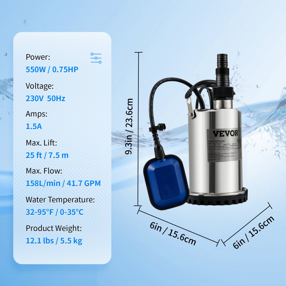 VEVOR Submersible Water Pump, 550W 9500L/H, with 10 m Cord and Automatic Tethered Float Switch, Portable Stainless Steel for Clean, Empty Flooded Area, Swimming Pools, Hot Tubs, for Irrigation