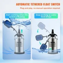 VEVOR Submersible Water Pump, 550W 9500L/H, w/ 10 m Cord and Automatic Tethered Float Switch, Portable Stainless Steel for Clean, Empty Flooded Area, Swimming Pools, Hot Tubs, for Irrigation