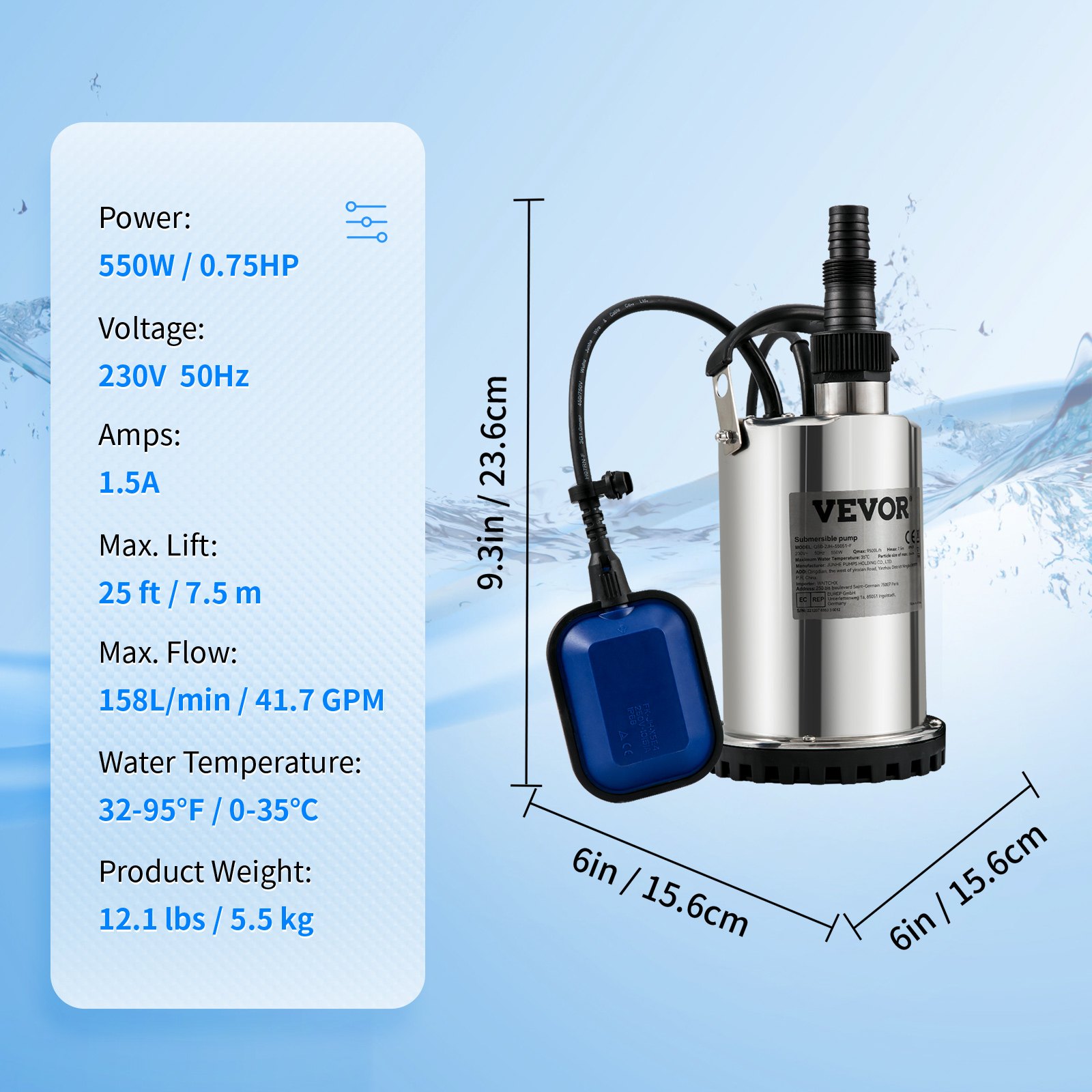 VEVOR Submersible Water Pump, 550W 9500L/H, with 10 m Cord and Automatic Tethered Float Switch, Portable Stainless Steel for Clean, Empty Flooded Area, Swimming Pools, Hot Tubs, for Irrigation