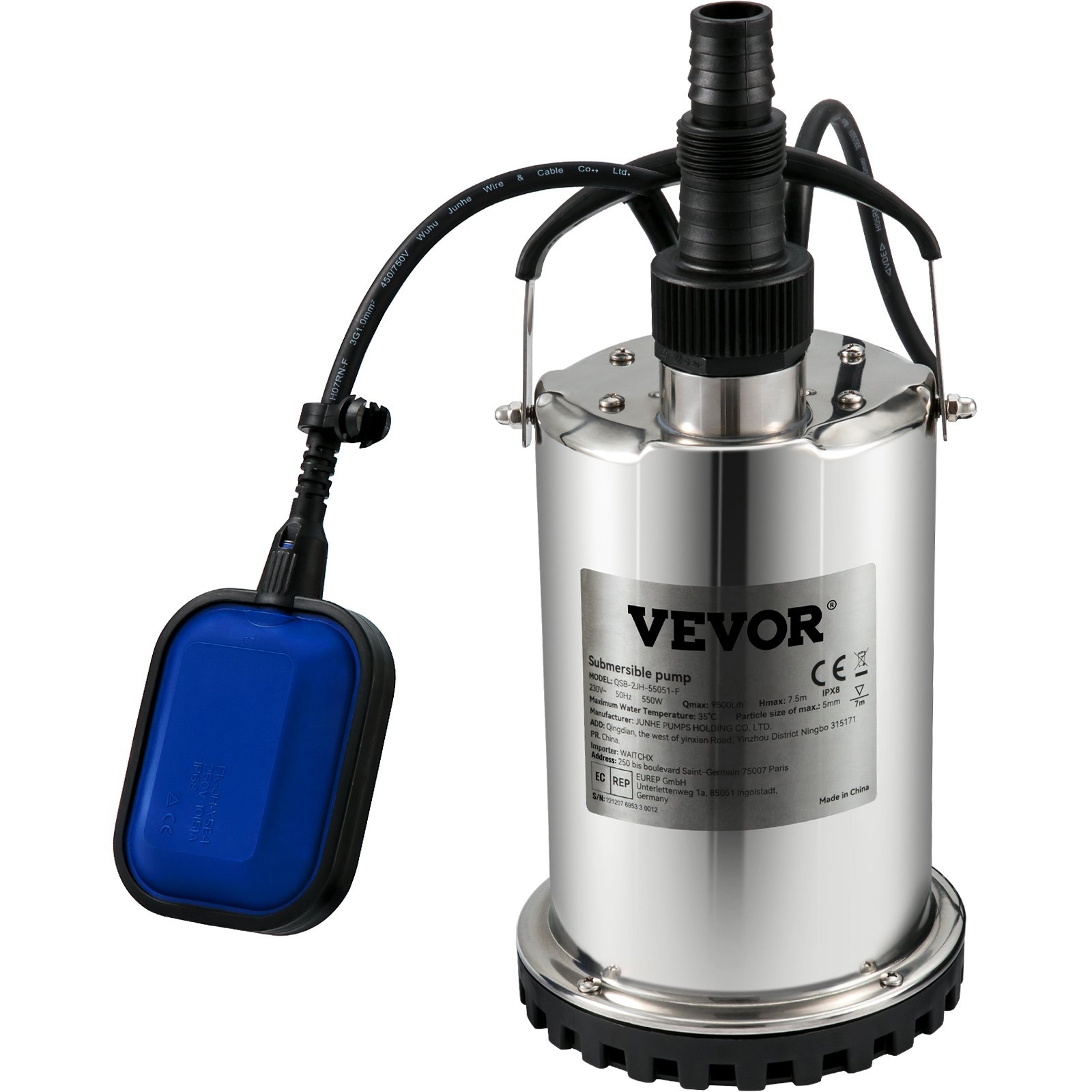 VEVOR Submersible Water Pump, 550W 9500L/H, with 10 m Cord and Automatic Tethered Float Switch, Portable Stainless Steel for Clean, Empty Flooded Area, Swimming Pools, Hot Tubs, for Irrigation