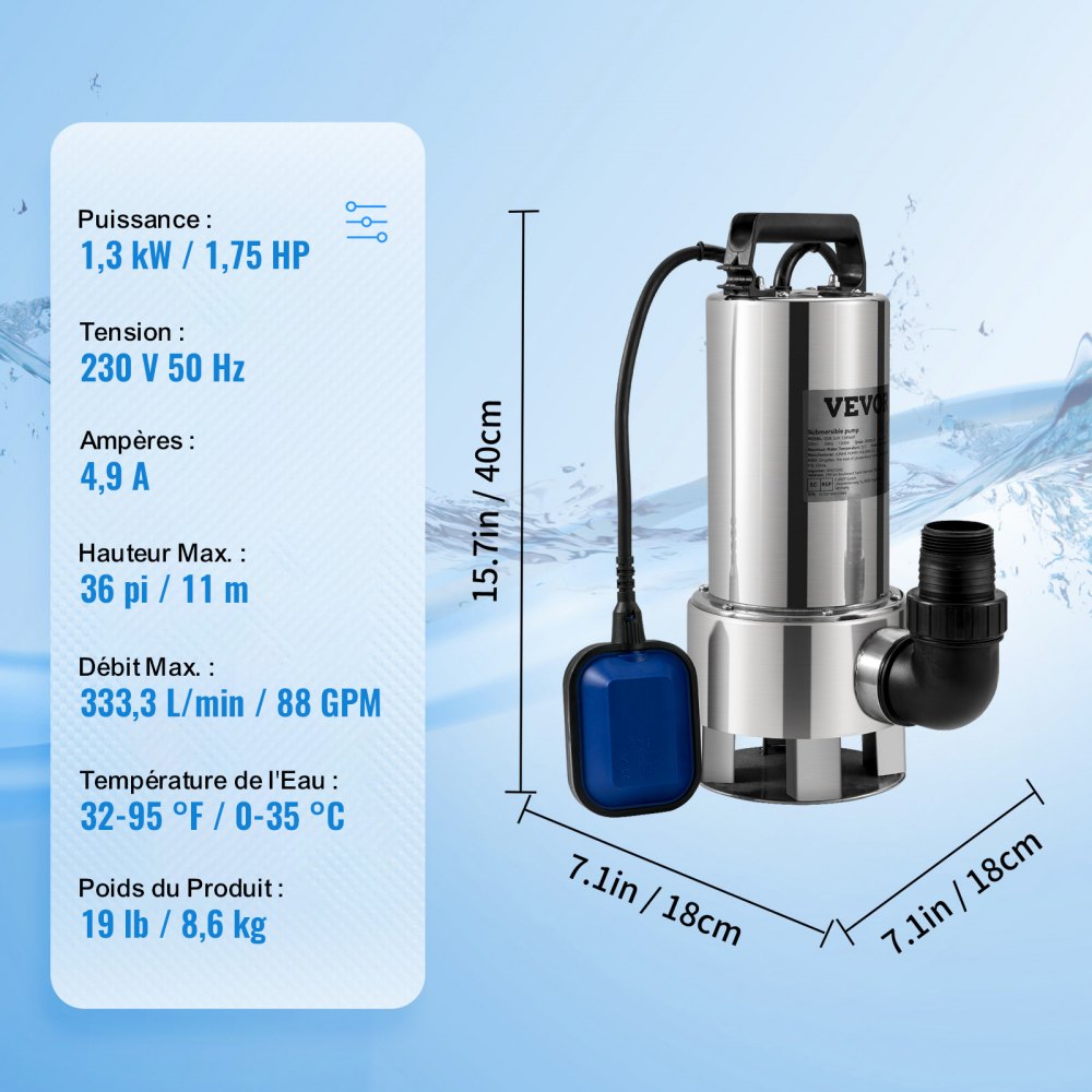 VEVOR Submersible Water Pump, 1300W 20000L/H, with 10 m Cord and Automatic Tethered Float Switch, Stainless Steel and Cast Iron for Dirty or Clean, Empty Garden Ponds, Swimming Pools, Hot Tubs