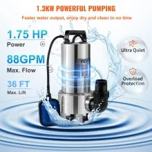 VEVOR Submersible Water Pump, 1300W 20000L/H, w/ 10 m Cord and Automatic Tethered Float Switch, Stainless Steel and Cast Iron for Dirty or Clean, Empty Garden Ponds, Swimming Pools, Hot Tubs