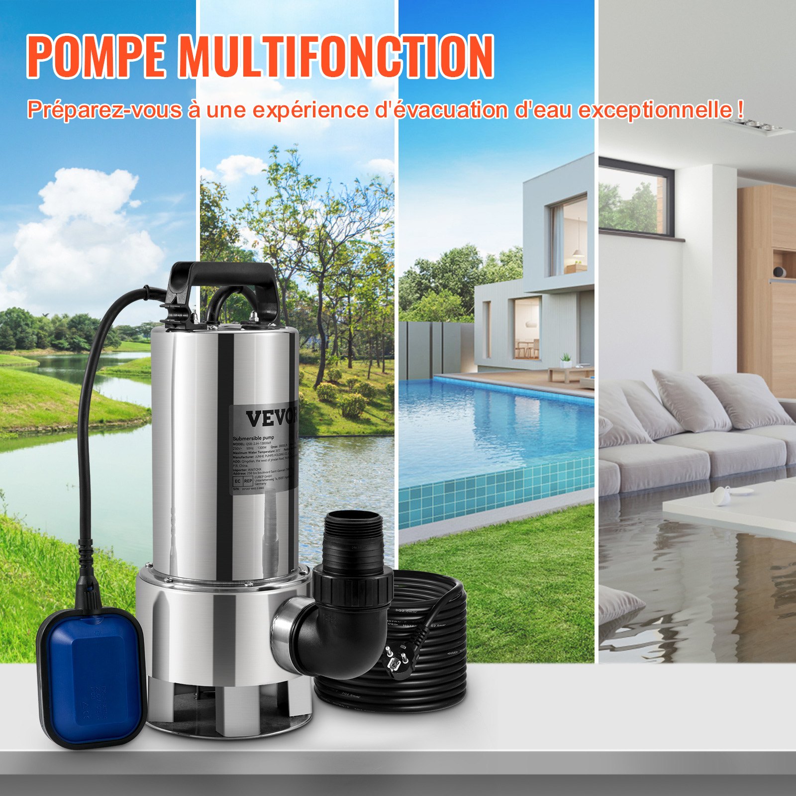 VEVOR Submersible Water Pump, 1300W 20000L/H, with 10 m Cord and Automatic Tethered Float Switch, Stainless Steel and Cast Iron for Dirty or Clean, Empty Garden Ponds, Swimming Pools, Hot Tubs