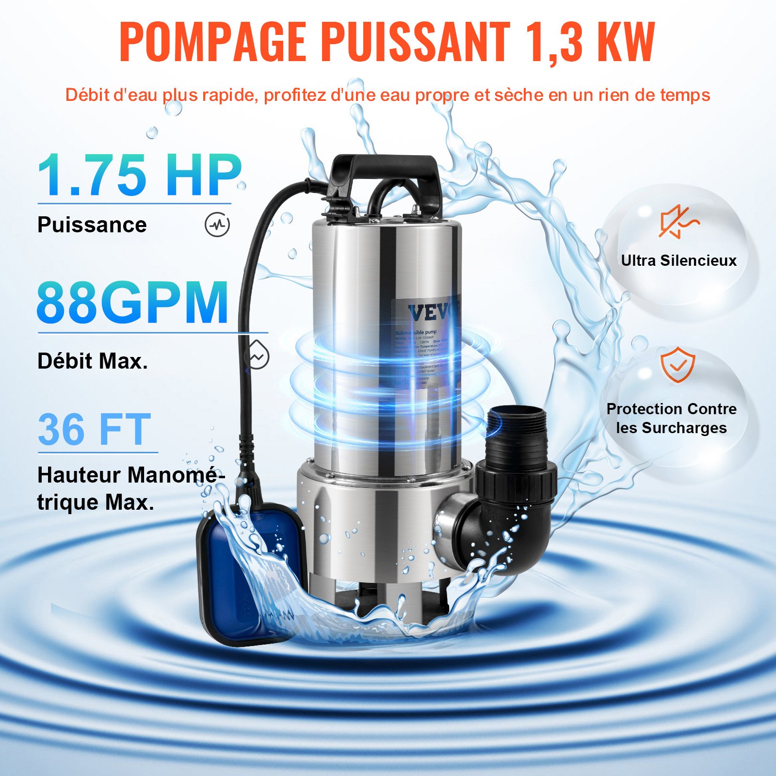 VEVOR Submersible Water Pump, 1300W 20000L/H, with 10 m Cord and Automatic Tethered Float Switch, Stainless Steel and Cast Iron for Dirty or Clean, Empty Garden Ponds, Swimming Pools, Hot Tubs