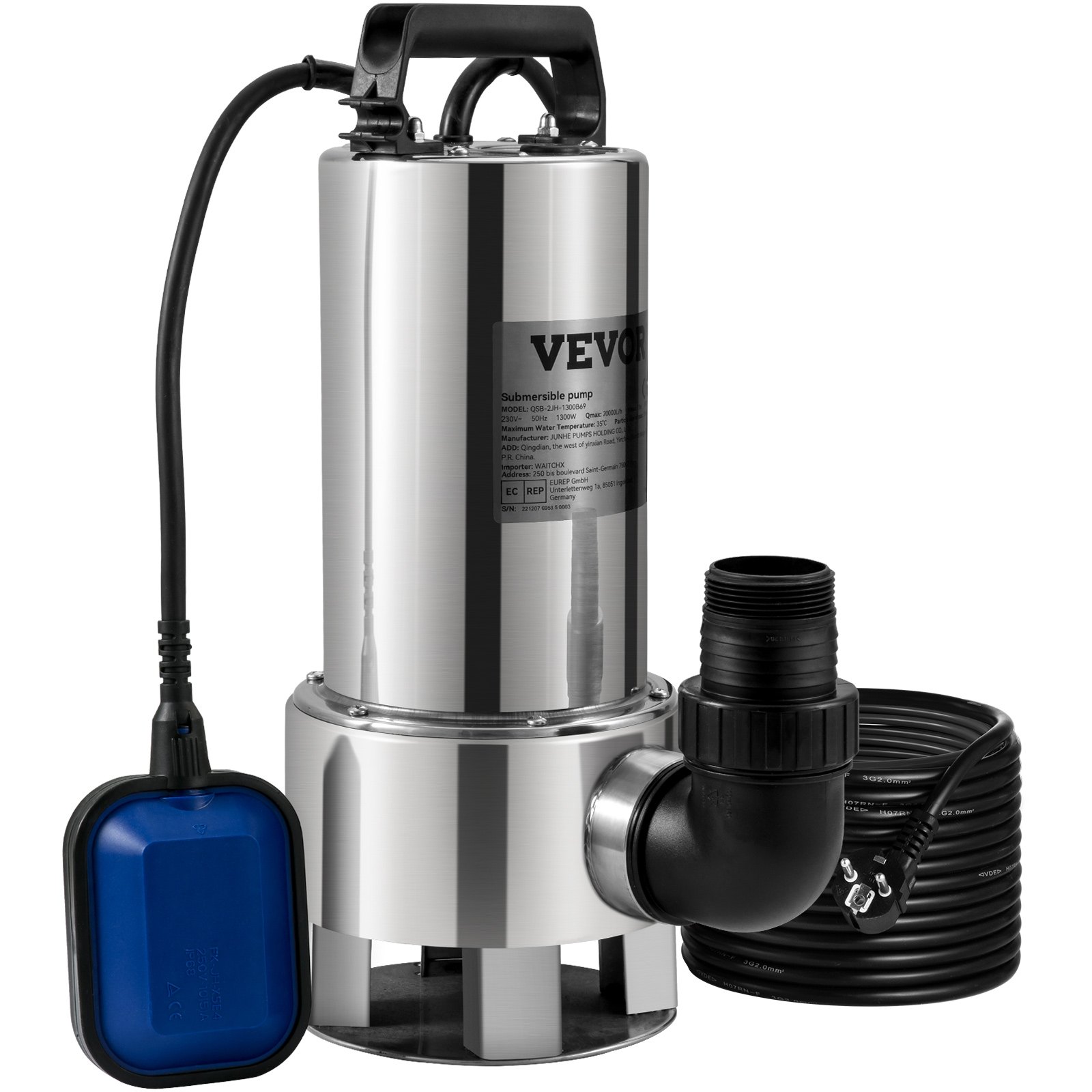 VEVOR Submersible Water Pump, 1300W 20000L/H, with 10 m Cord and Automatic Tethered Float Switch, Stainless Steel and Cast Iron for Dirty or Clean, Empty Garden Ponds, Swimming Pools, Hot Tubs