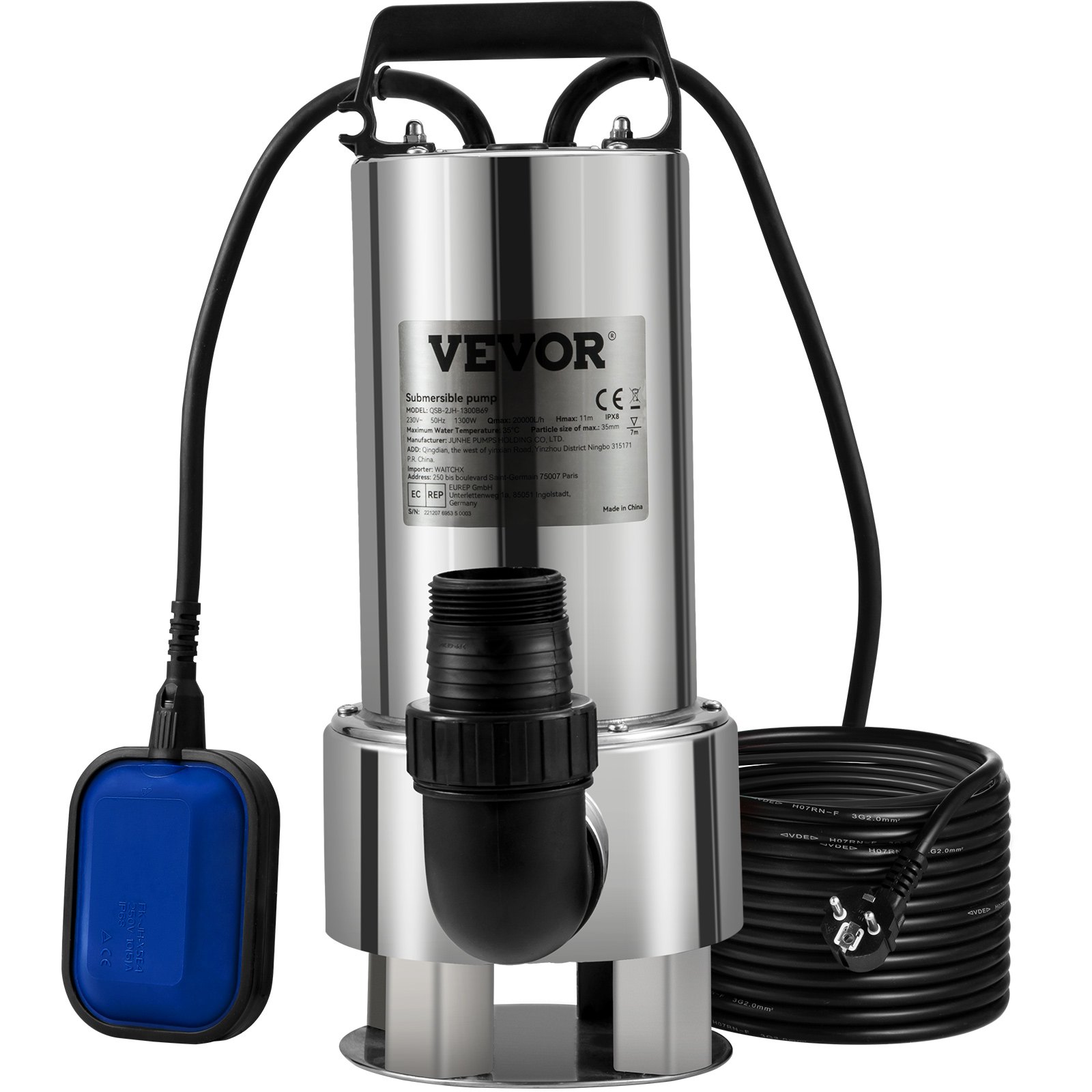 VEVOR Submersible Water Pump, 1300W 20000L/H, with 10 m Cord and Automatic Tethered Float Switch, Stainless Steel and Cast Iron for Dirty or Clean, Empty Garden Ponds, Swimming Pools, Hot Tubs