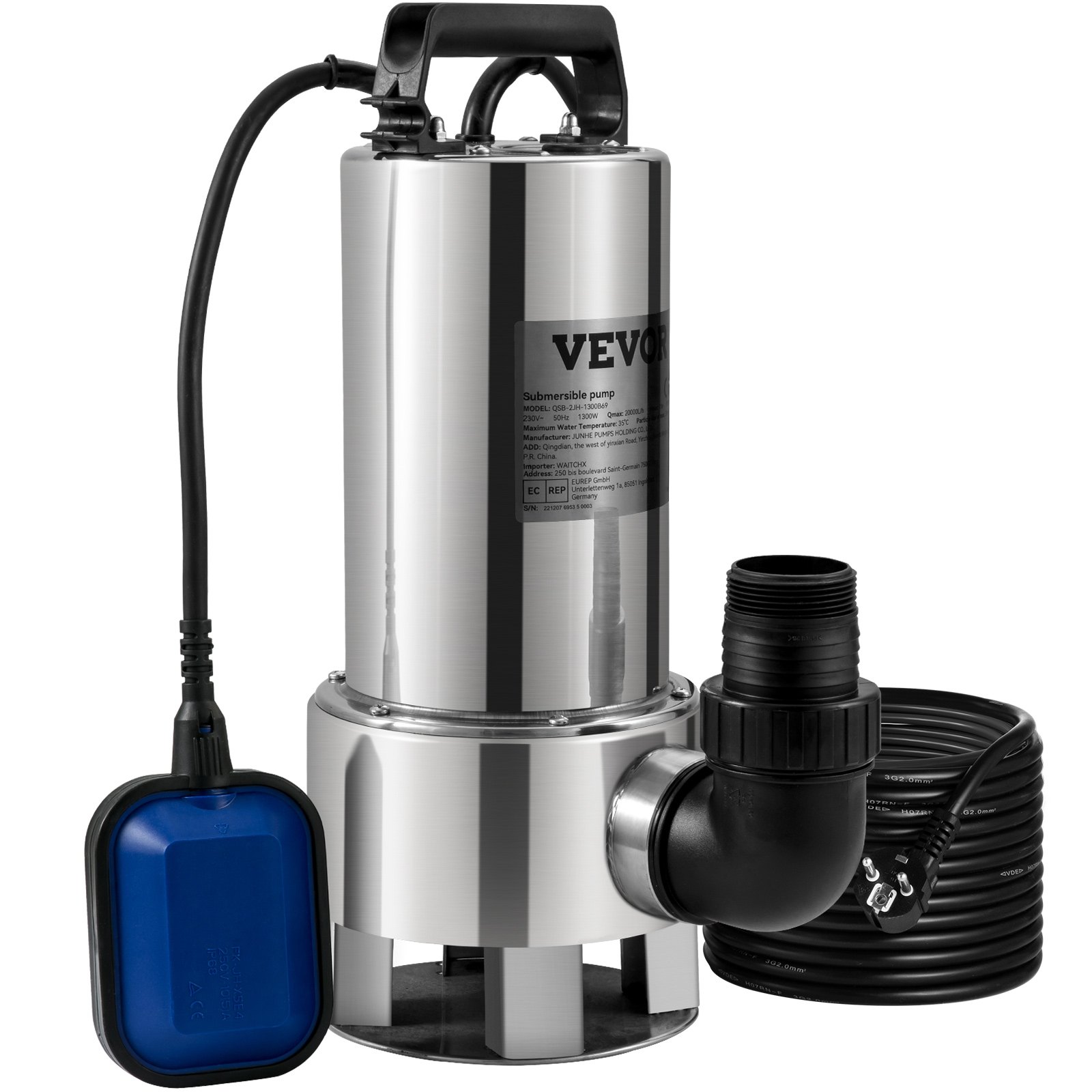 VEVOR Submersible Water Pump, 1300W 20000L/H, with 10 m Cord and Automatic Tethered Float Switch, Stainless Steel and Cast Iron for Dirty or Clean, Empty Garden Ponds, Swimming Pools, Hot Tubs