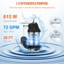 VEVOR submersible sump pump, 1/2 hp, 615w, 72 gpm max flow, 28 ft max lift, ultra-quiet, overload protection.