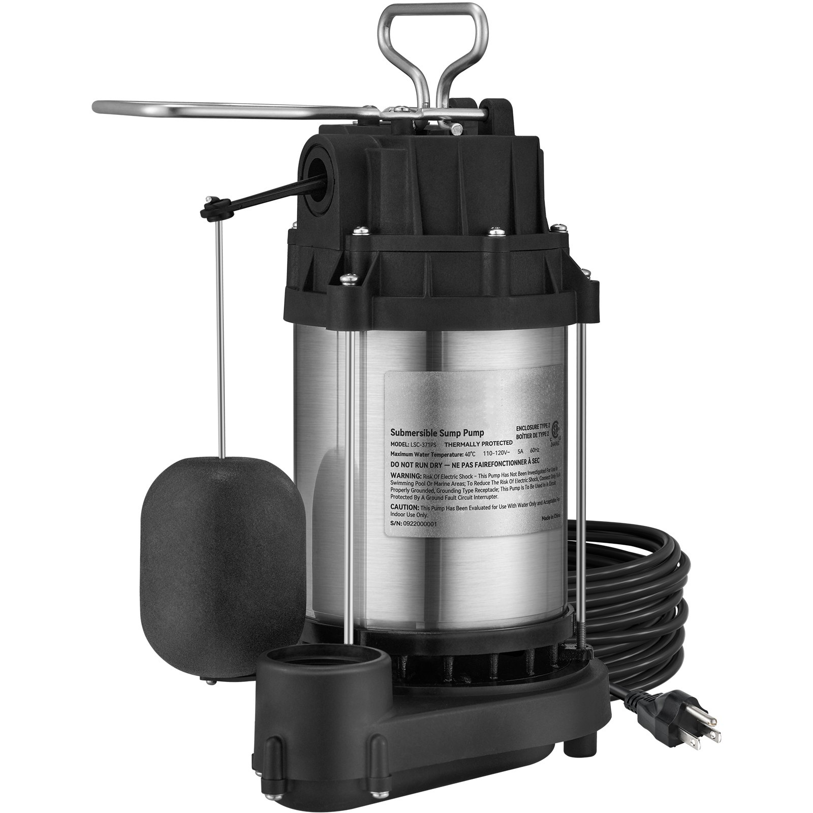 VEVOR Sump Pump, 1/2 HP 3960 GPH, Submersible Stainless Steel Water Pump, 1-1/2" NPT Discharge With 33 ft Cord, Automatic Float Switch with Piggy-back Plug, for Indoor Basement Water Basin