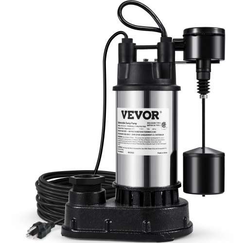 VEVOR 1.5 HP Submersible Cast Iron and Steel Sump Pump, 6000 GPH Submersible Water Pump with Integrated Vertical Float Switch, for Basement Water Basin and Flooding Area