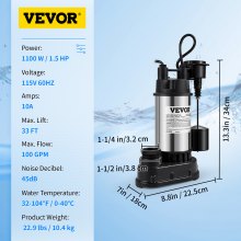 Pompe de puisard VEVOR, 1,5 HP 6000 GPH, pompe à eau submersible en fonte et en acier inoxydable, décharge de 1-1/2" avec adaptateur de 1-1/4", interrupteur à flotteur vertical automatique, pour bassin d'eau de sous-sol intérieur