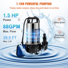 VEVOR Submersible Water Pump, 1100W 20000L/H, w/ 10 m Cord and Automatic Tethered Float Switch, Portable Stainless Steel for Dirty or Clean, Drain Floods, Empty Garden Ponds, Swimming Pools, Hot Tubs