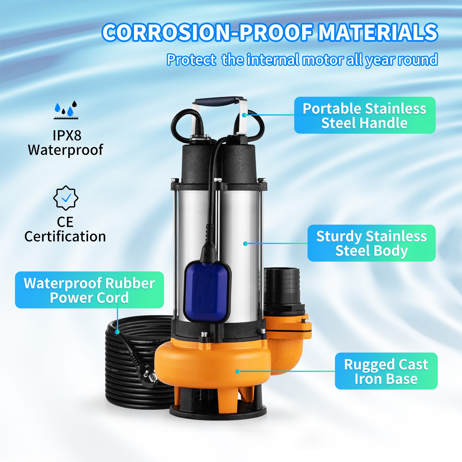 VEVOR Submersible Water Pump, 2200W 60000L/H, with 8 m Cord and Automatic Tethered Float Switch, Portable Stainless Steel for Dirty or Clean, Drain Floods, Empty Garden Ponds, Swimming Pools, Hot Tub