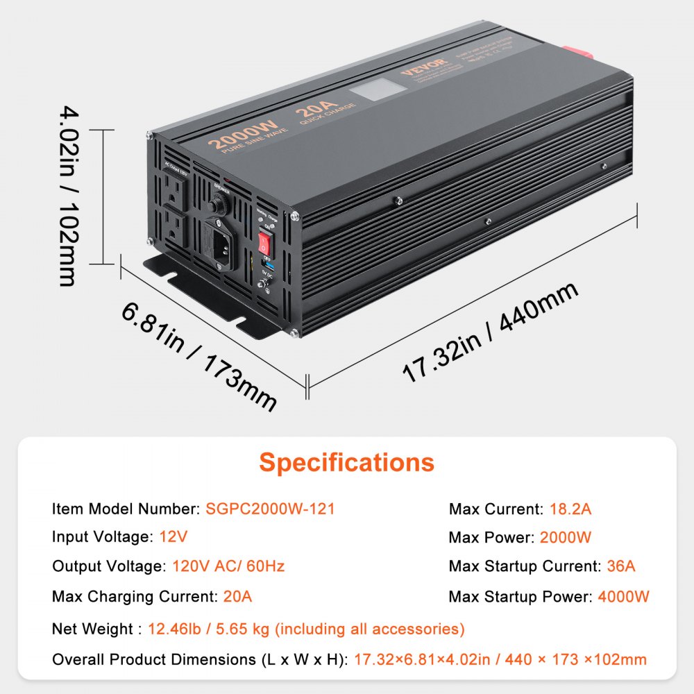 VEVOR 2000W Sump Pump Battery Backup with LCD, Automatically Shifts to Inverter Power Ensuring Uninterrupted Operation, Essential for Emergencies & Power Failures