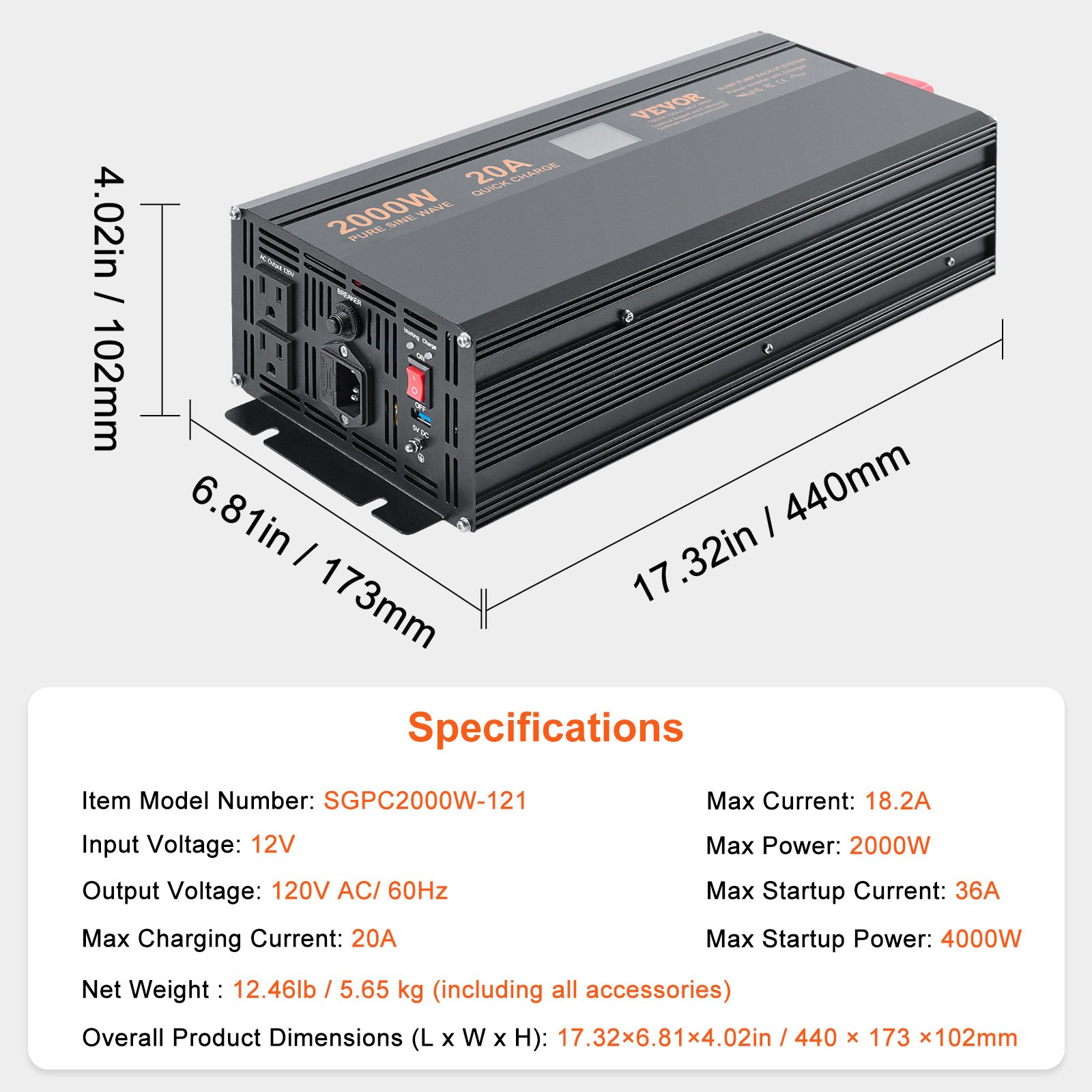 VEVOR 2000W Sump Pump Battery Backup with LCD, Automatically Shifts to Inverter Power Ensuring Uninterrupted Operation, Essential for Emergencies & Power Failures