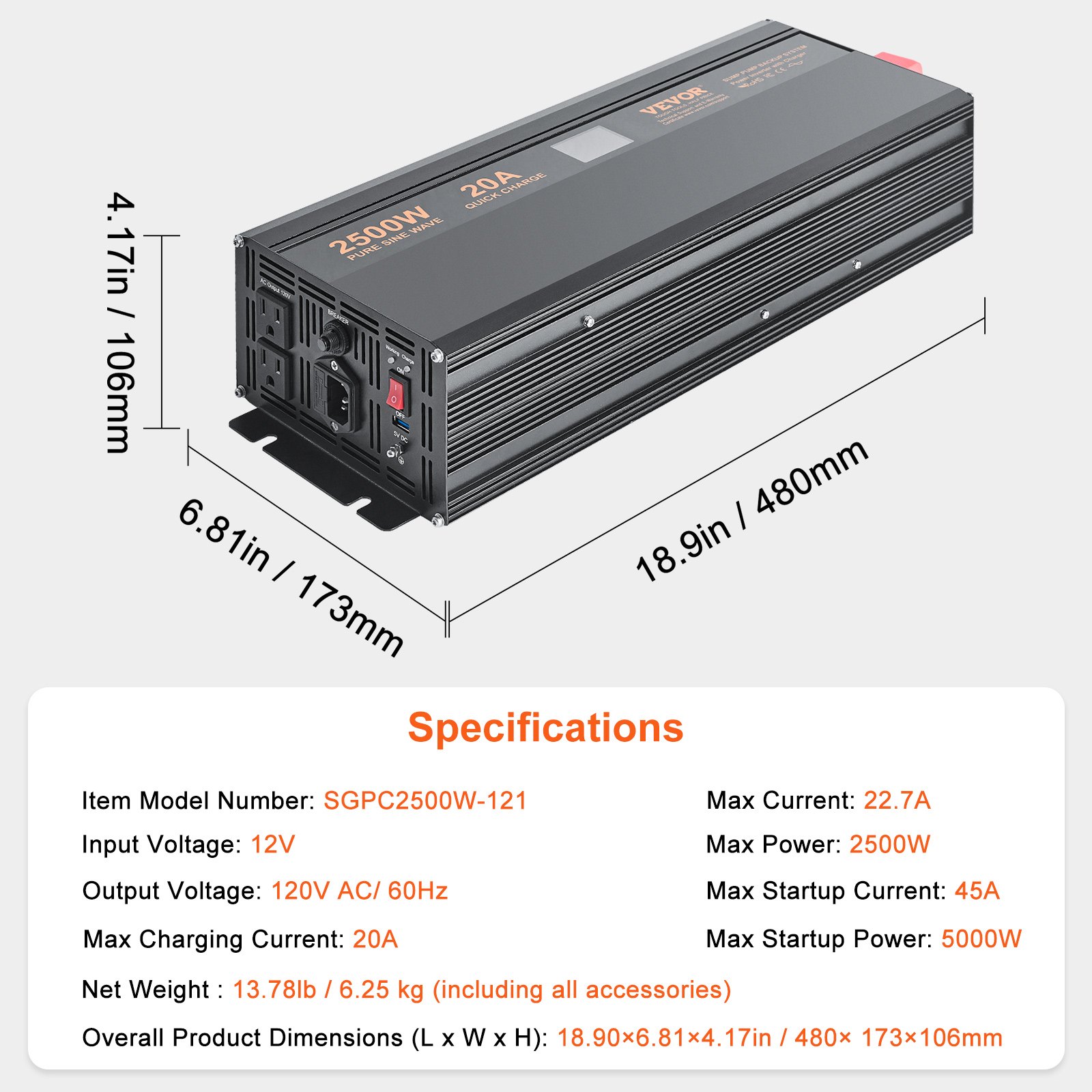 VEVOR 2500W Sump Pump Battery Backup System, LCD Display, Auto Switches to Battery Inverter Power for Continuous Sump Pump Operation, Sump Pump Battery Backup Inverter for Emergency and Power Outage